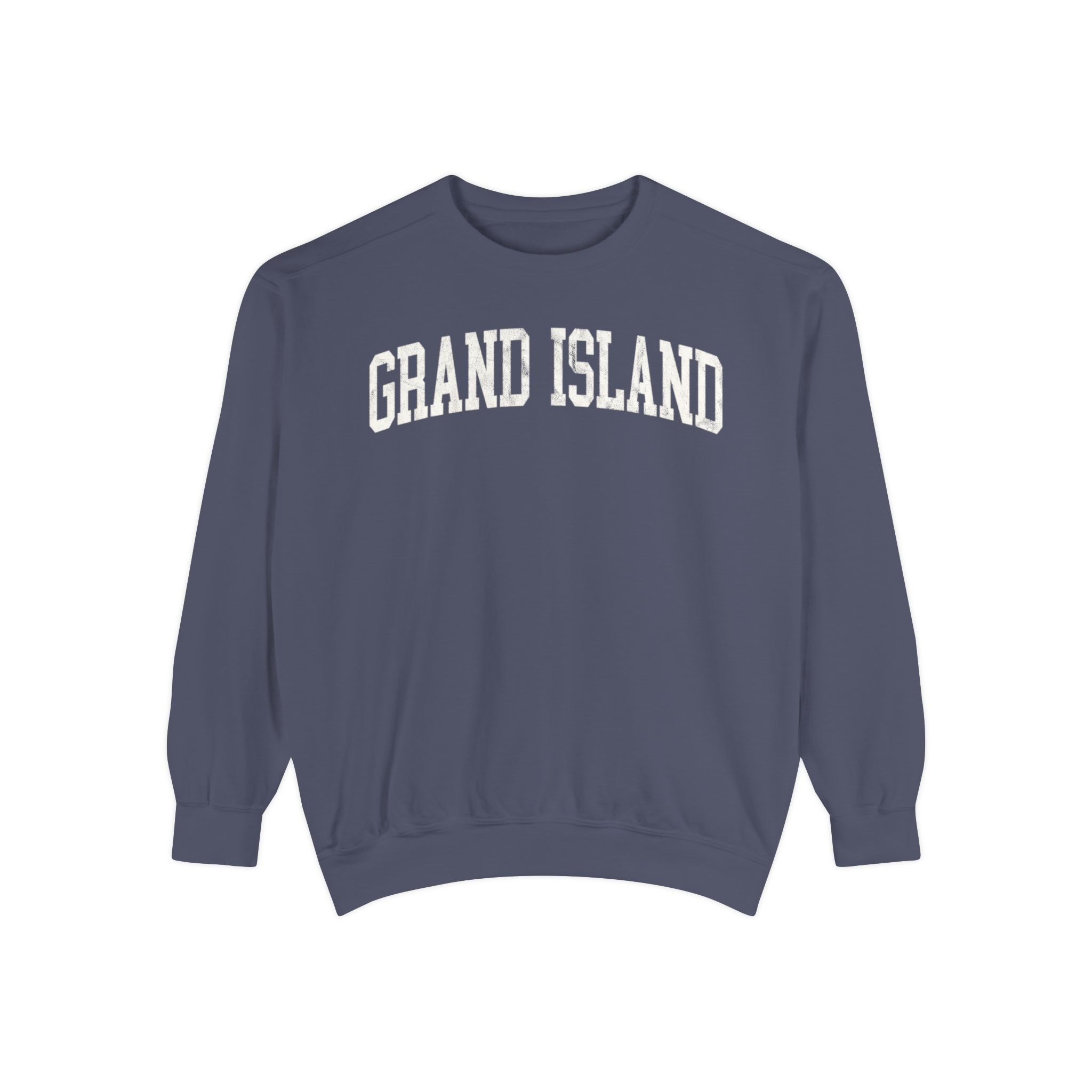 Grand Island Garment-Dyed Crewneck in Predawn, front — GRAND ISLAND lettering