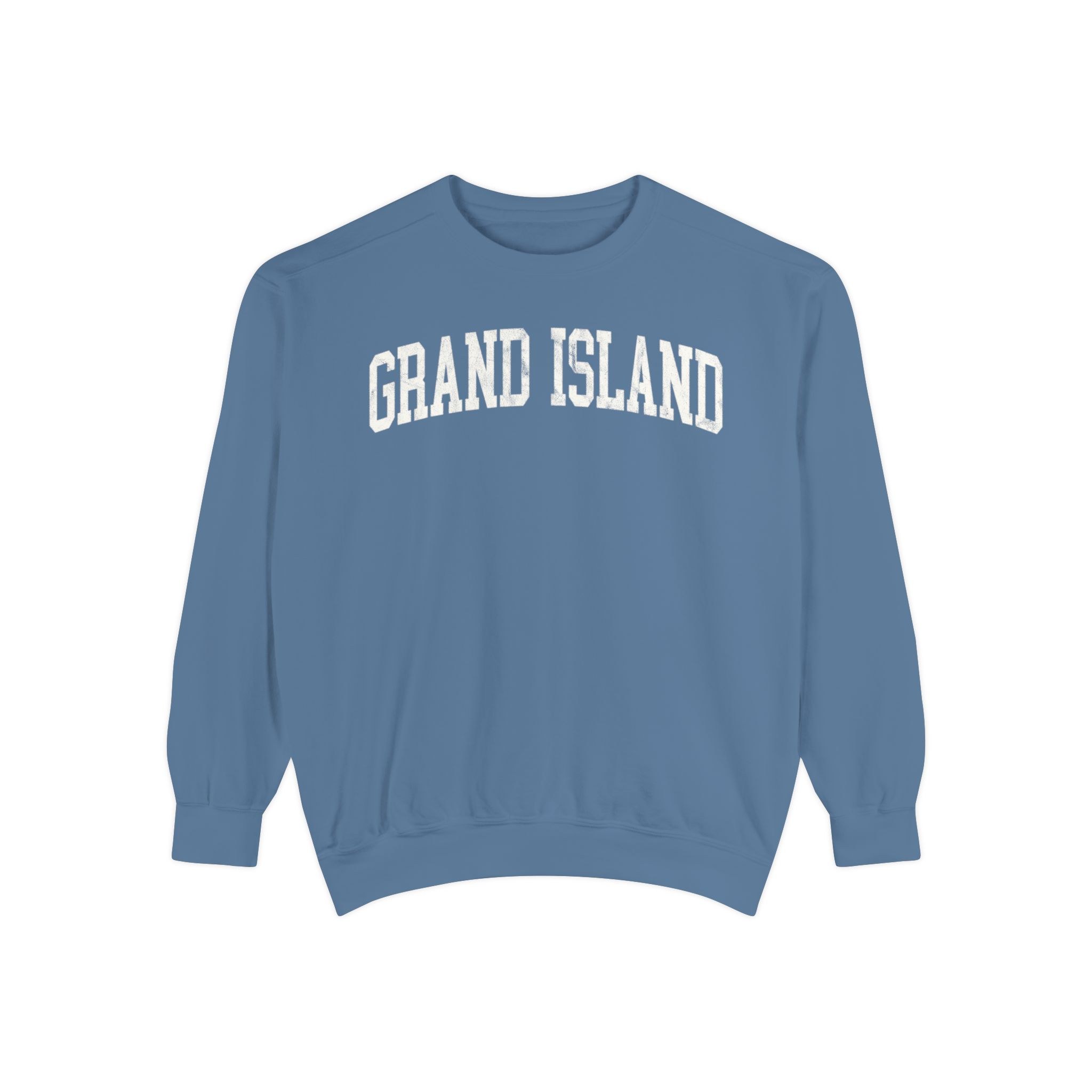 Grand Island Garment-Dyed Crewneck in Samantha Blue, front — GRAND ISLAND lettering