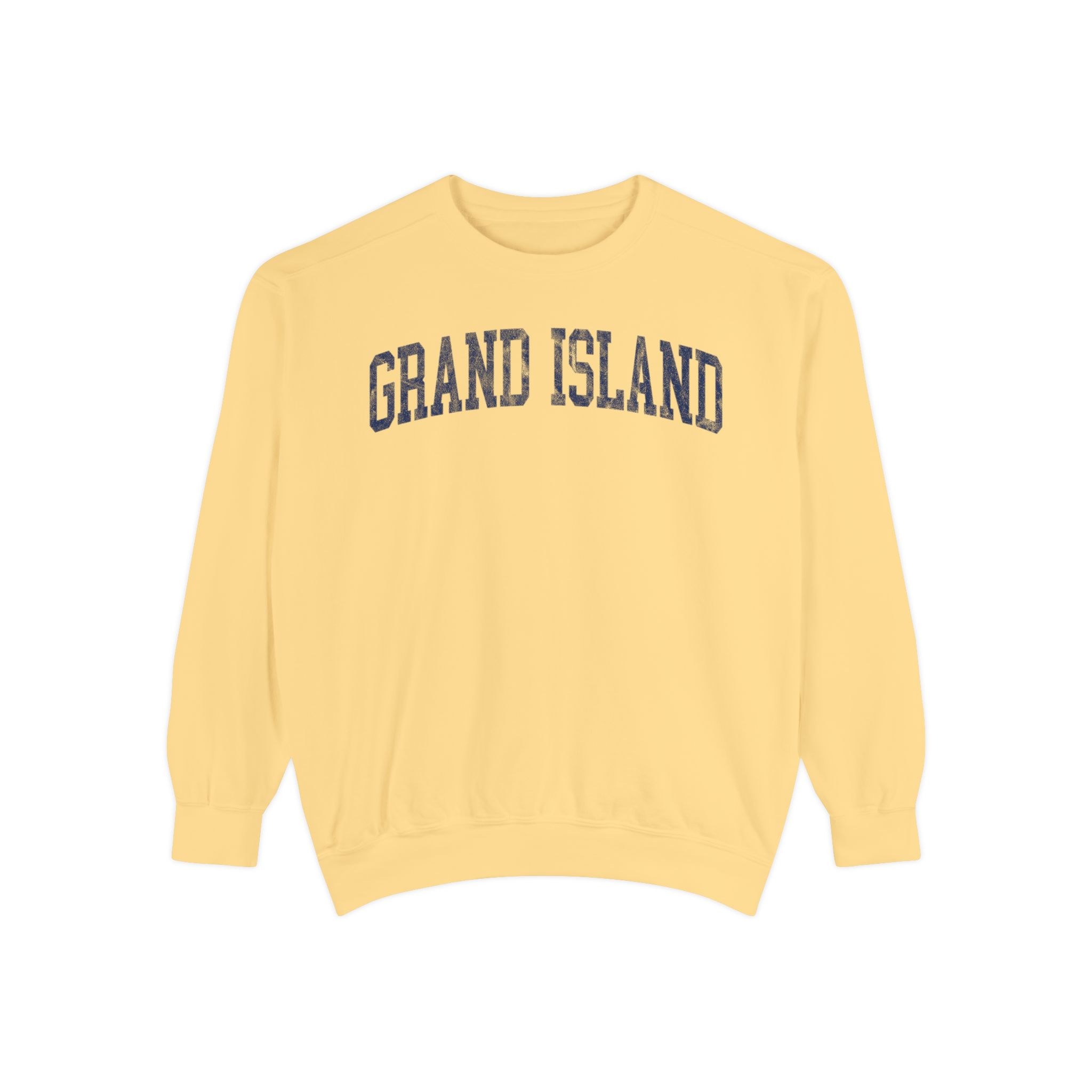 Grand Island Garment-Dyed Crewneck in Unsalted, front — GRAND ISLAND lettering