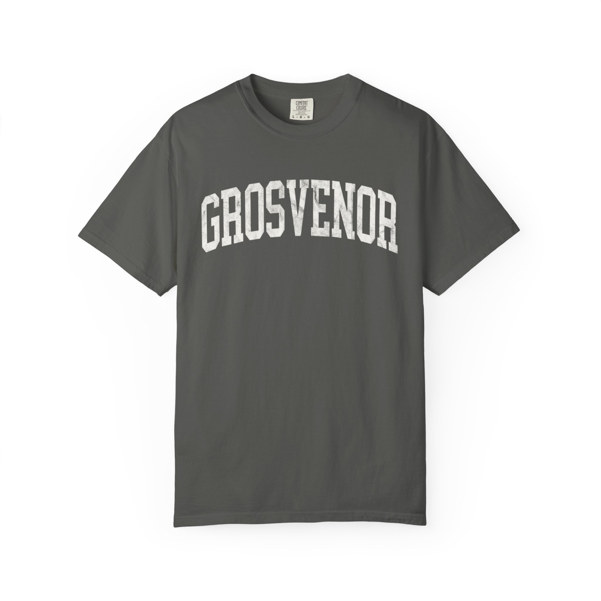 Grosvenor Garment-Dyed Tee in Concrete, front — GROSVENOR lettering
