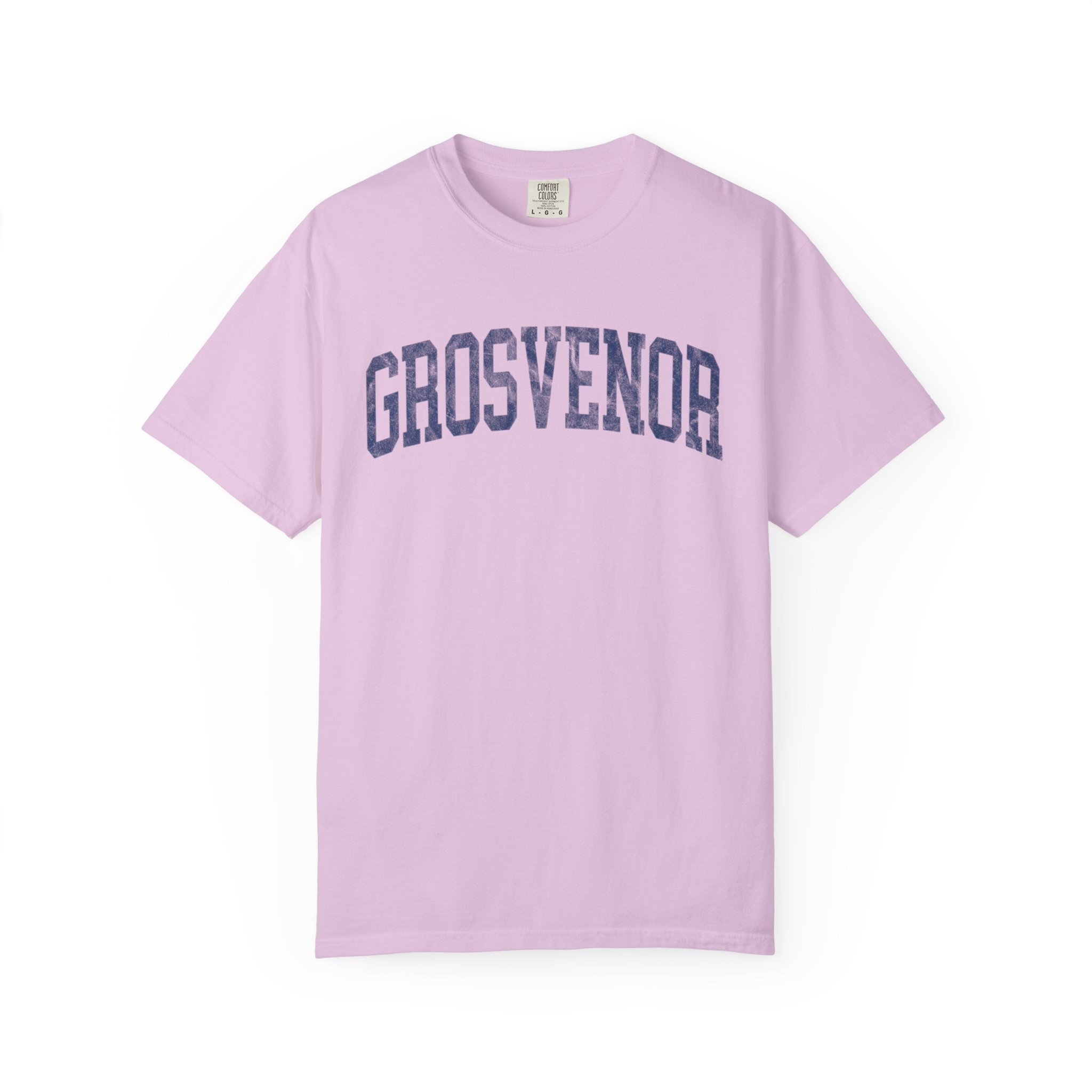 Grosvenor Garment-Dyed Tee in Lilac Szn, front — GROSVENOR lettering