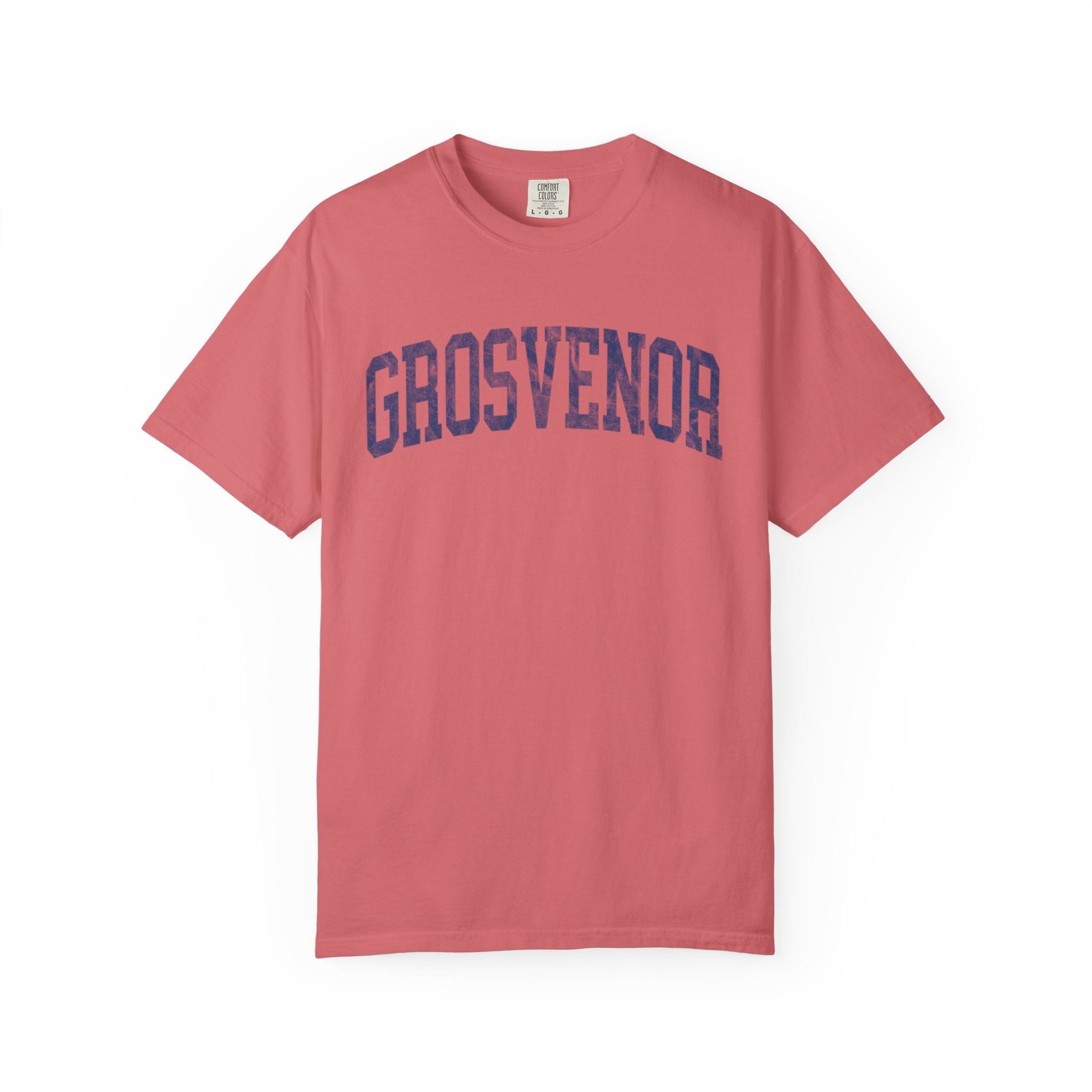 Grosvenor Garment-Dyed Tee in Strawberry Cloud, front — GROSVENOR lettering