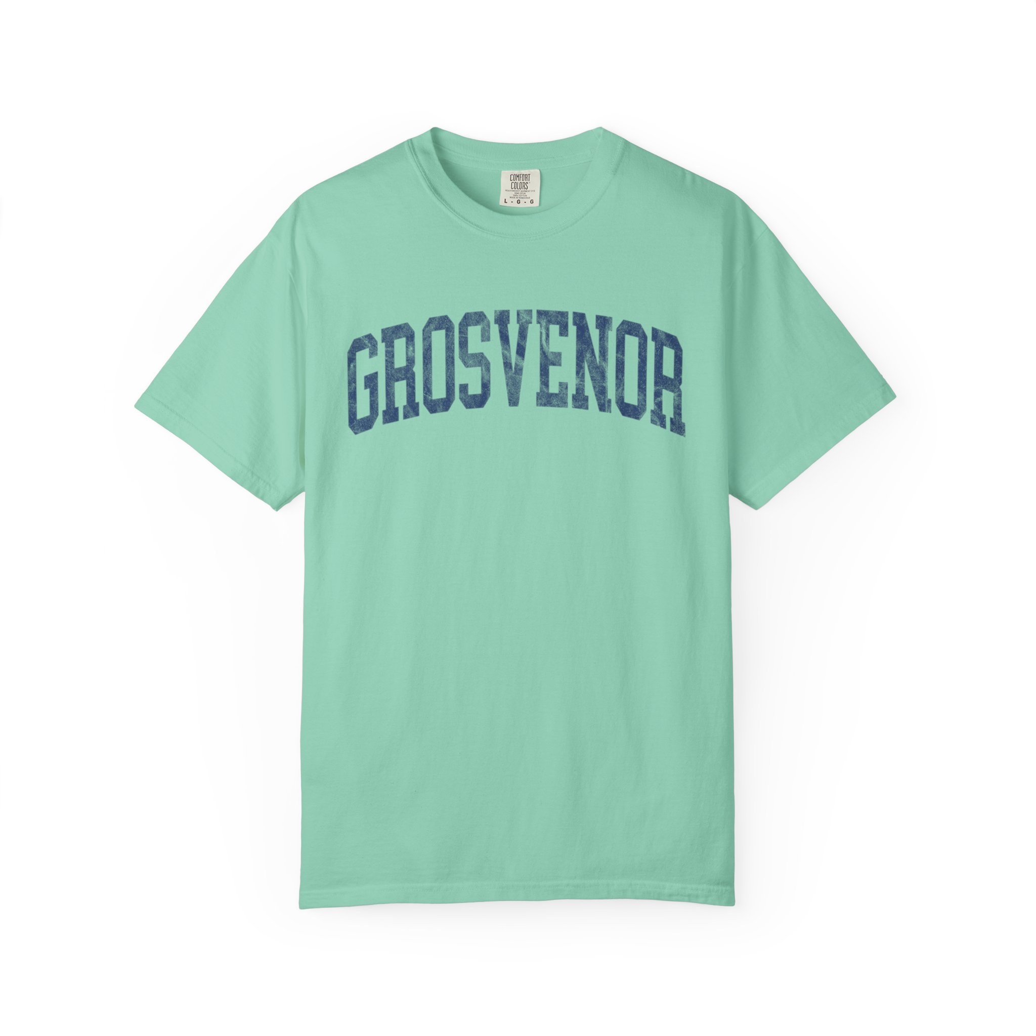 Grosvenor Garment-Dyed Tee in Teal Good Inc, front — GROSVENOR lettering