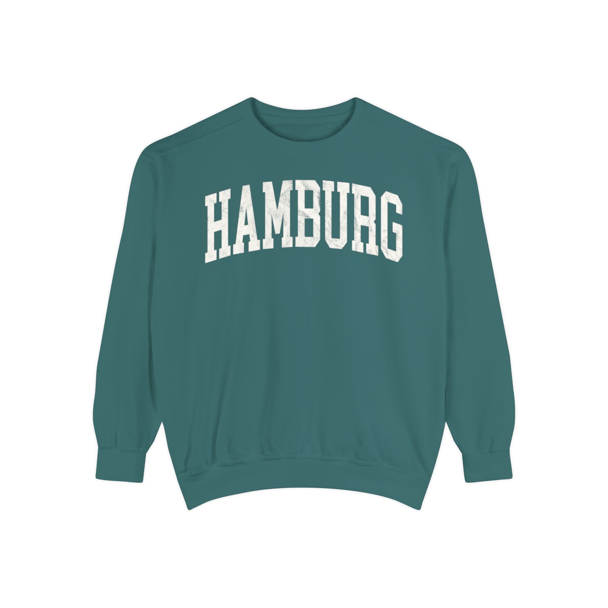 Hamburg Garment-Dyed Crewneck in Blue Spruce, front — HAMBURG lettering