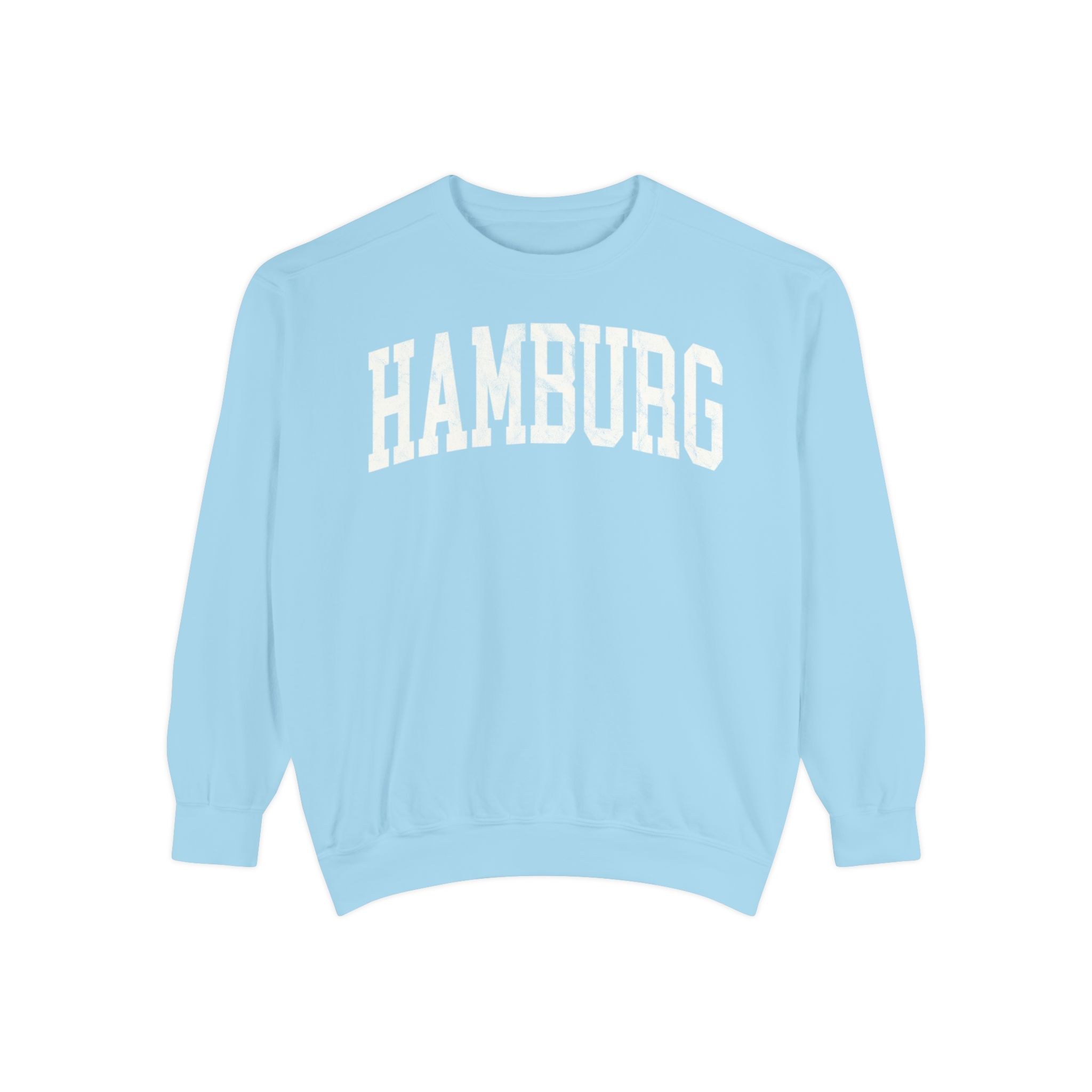 Hamburg Garment-Dyed Crewneck in Blueberry Milk, front — HAMBURG lettering