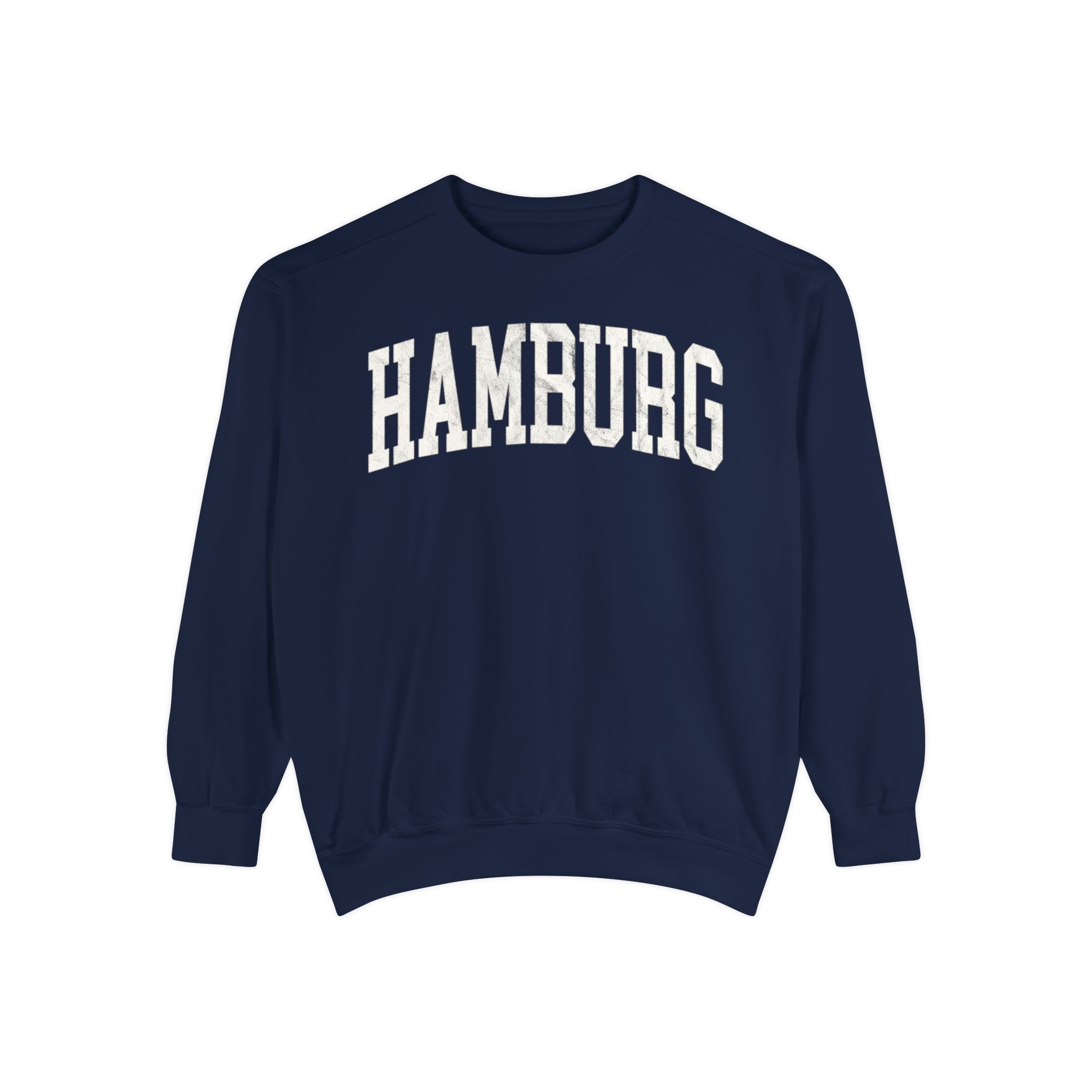 Hamburg Garment-Dyed Crewneck in Boathouse Blue, front — HAMBURG lettering