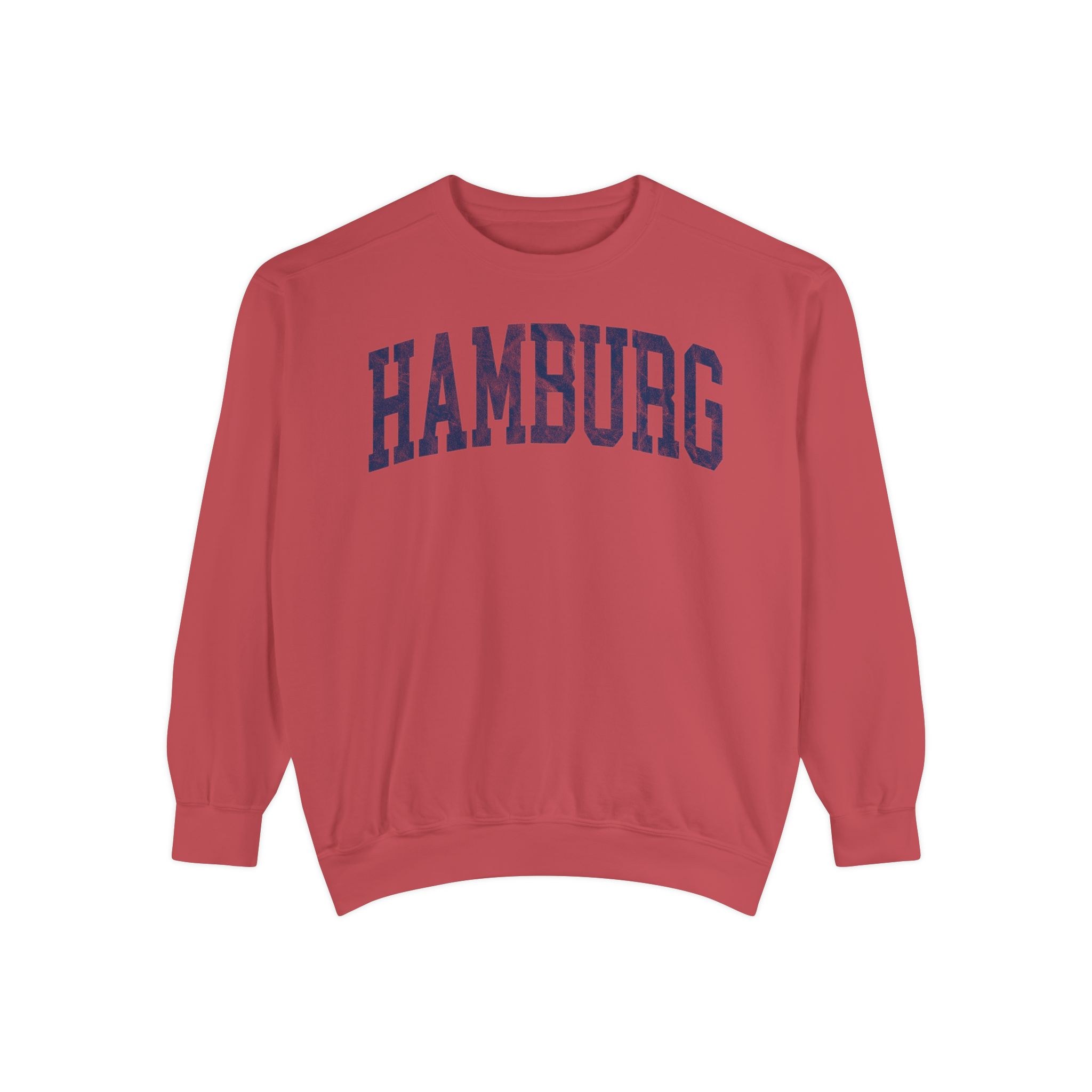 Hamburg Garment-Dyed Crewneck in Collegiate Crimson, front — HAMBURG lettering