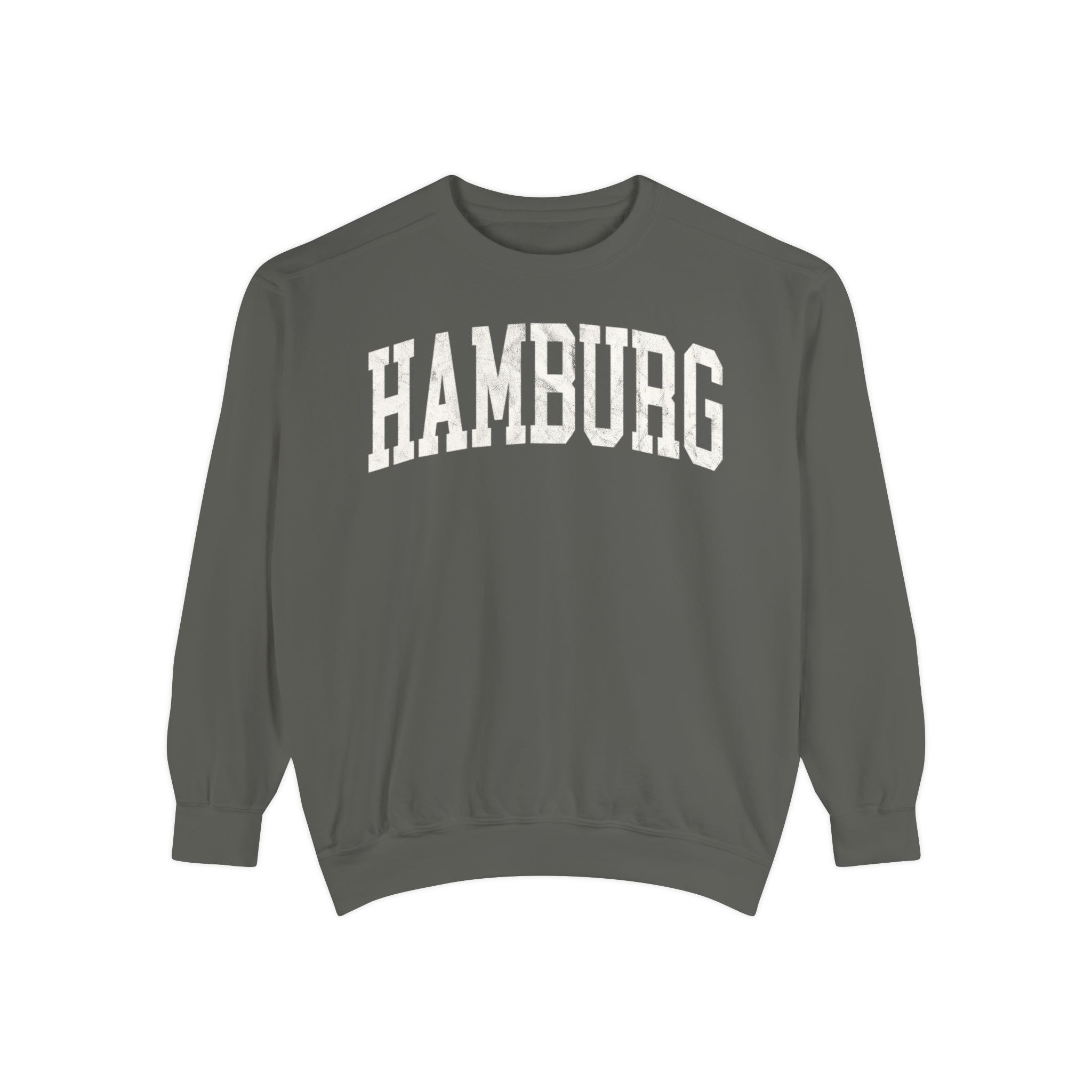 Hamburg Garment-Dyed Crewneck in Concrete, front — HAMBURG lettering