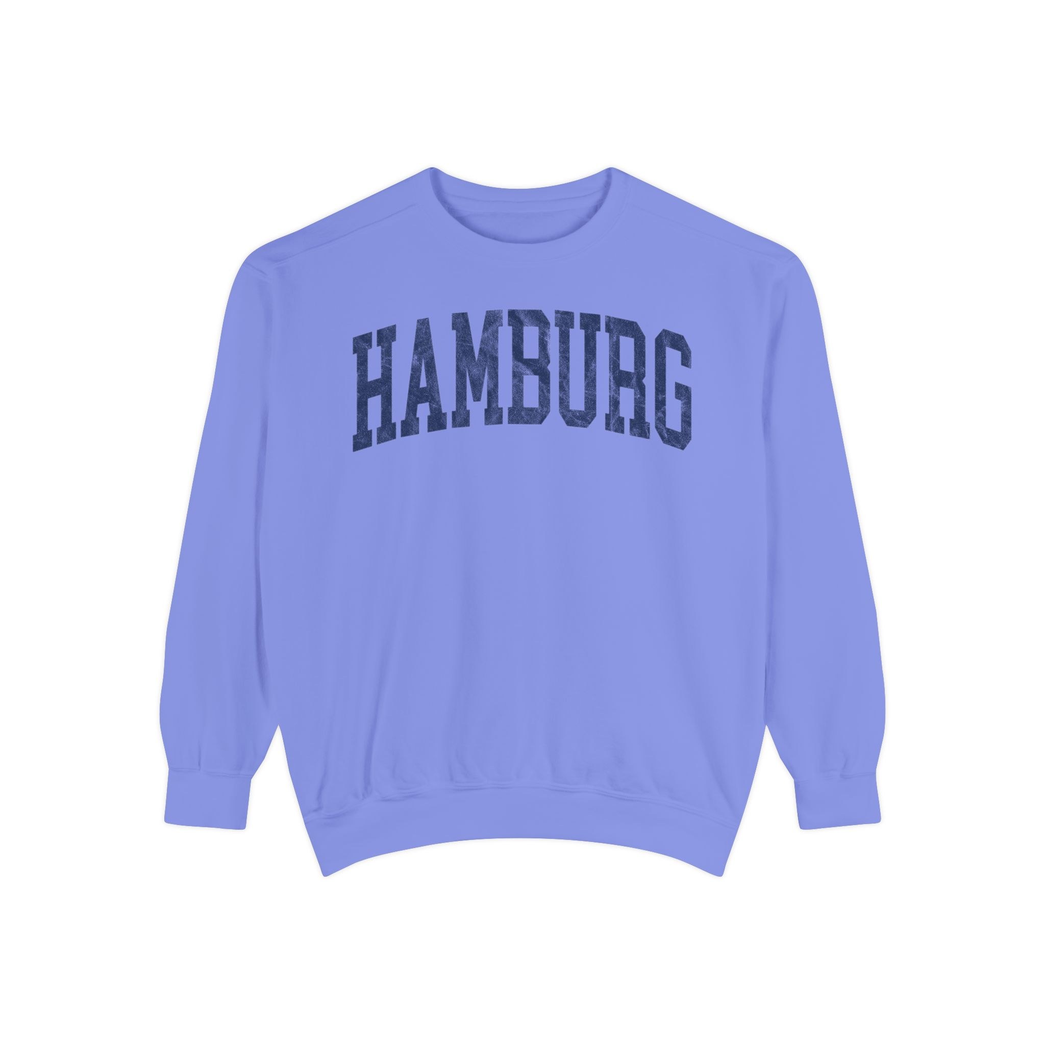 Hamburg Garment-Dyed Crewneck in Conesus Blue, front — HAMBURG lettering