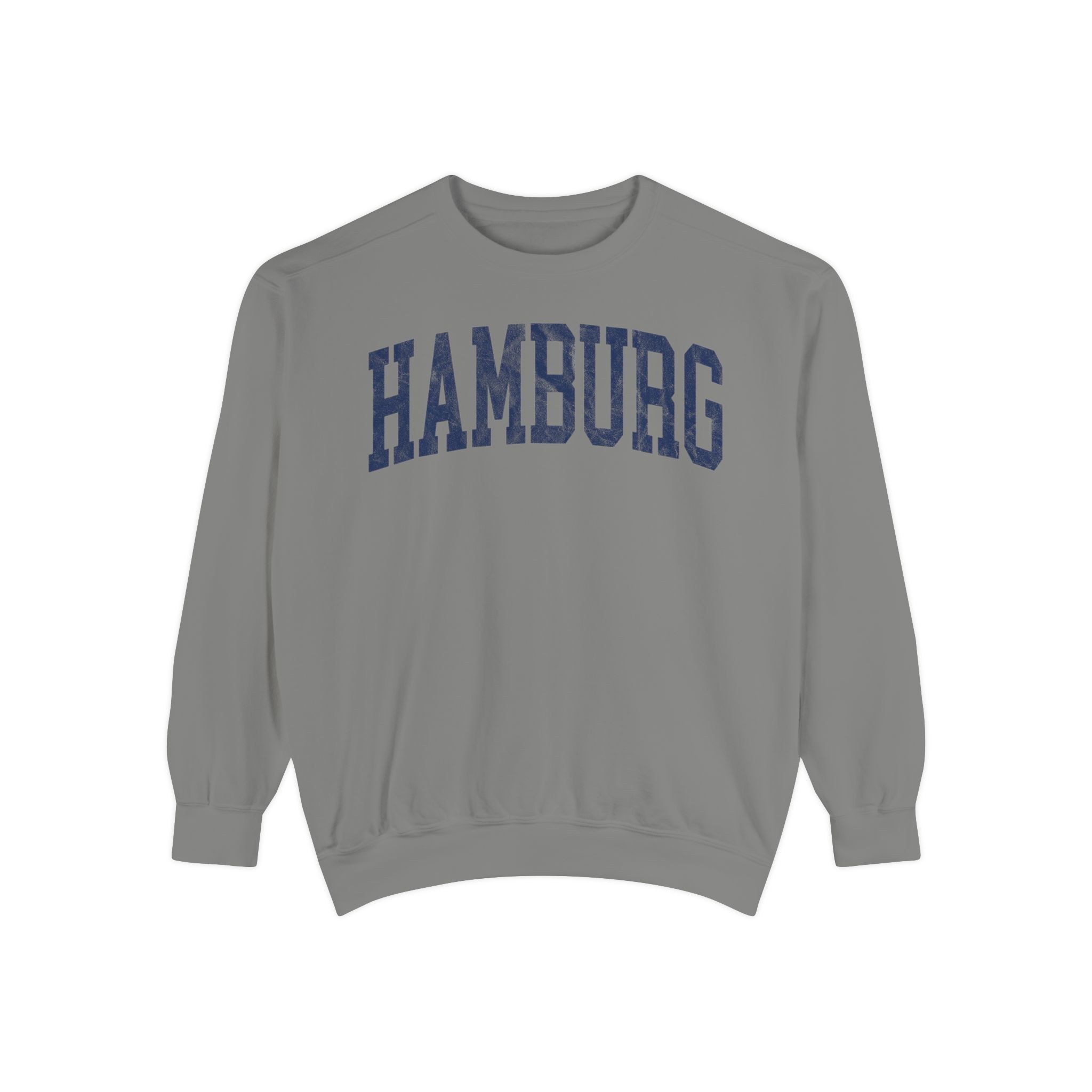 Hamburg Garment-Dyed Crewneck in Dusting, front — HAMBURG lettering
