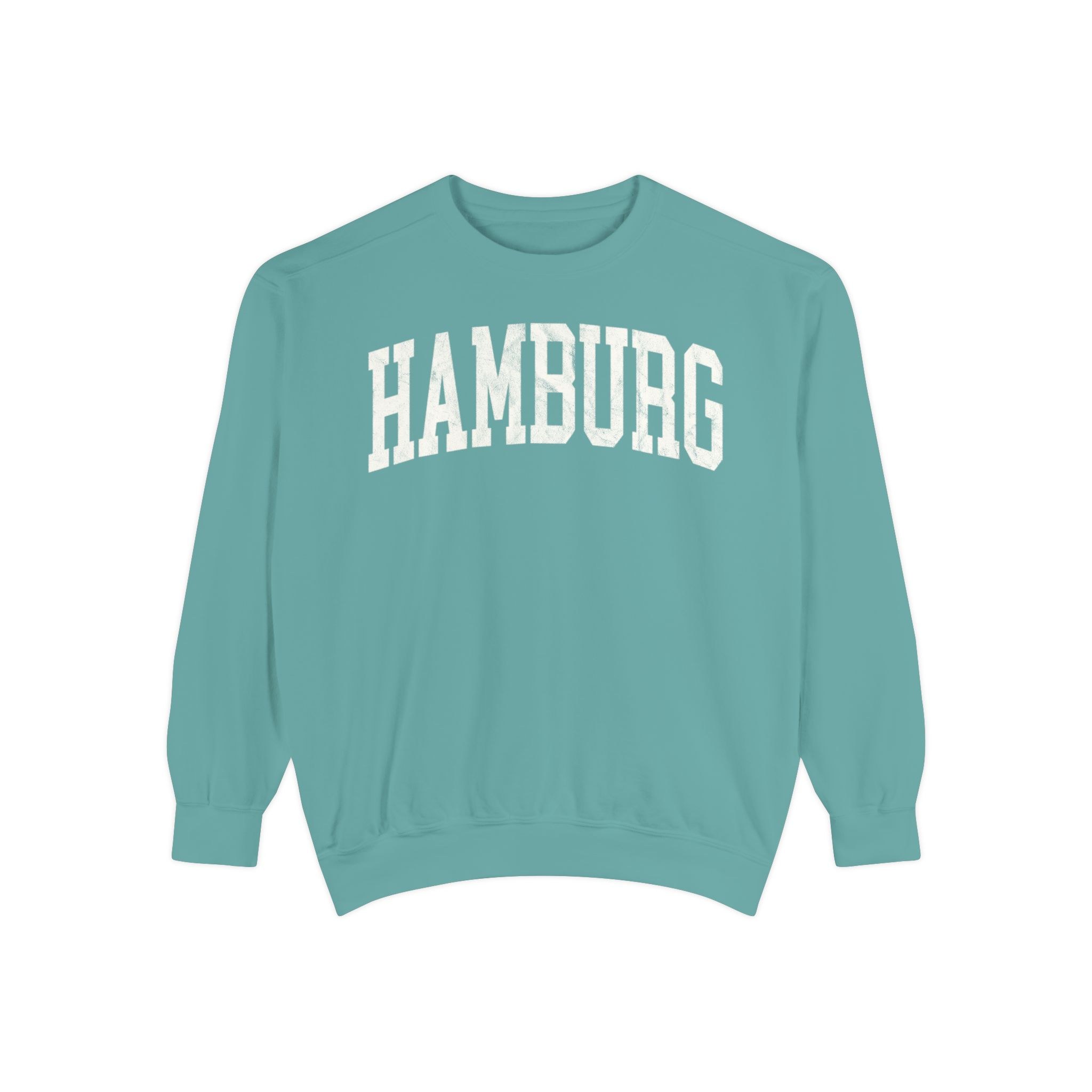 Hamburg Garment-Dyed Crewneck in Erie Blue, front — HAMBURG lettering