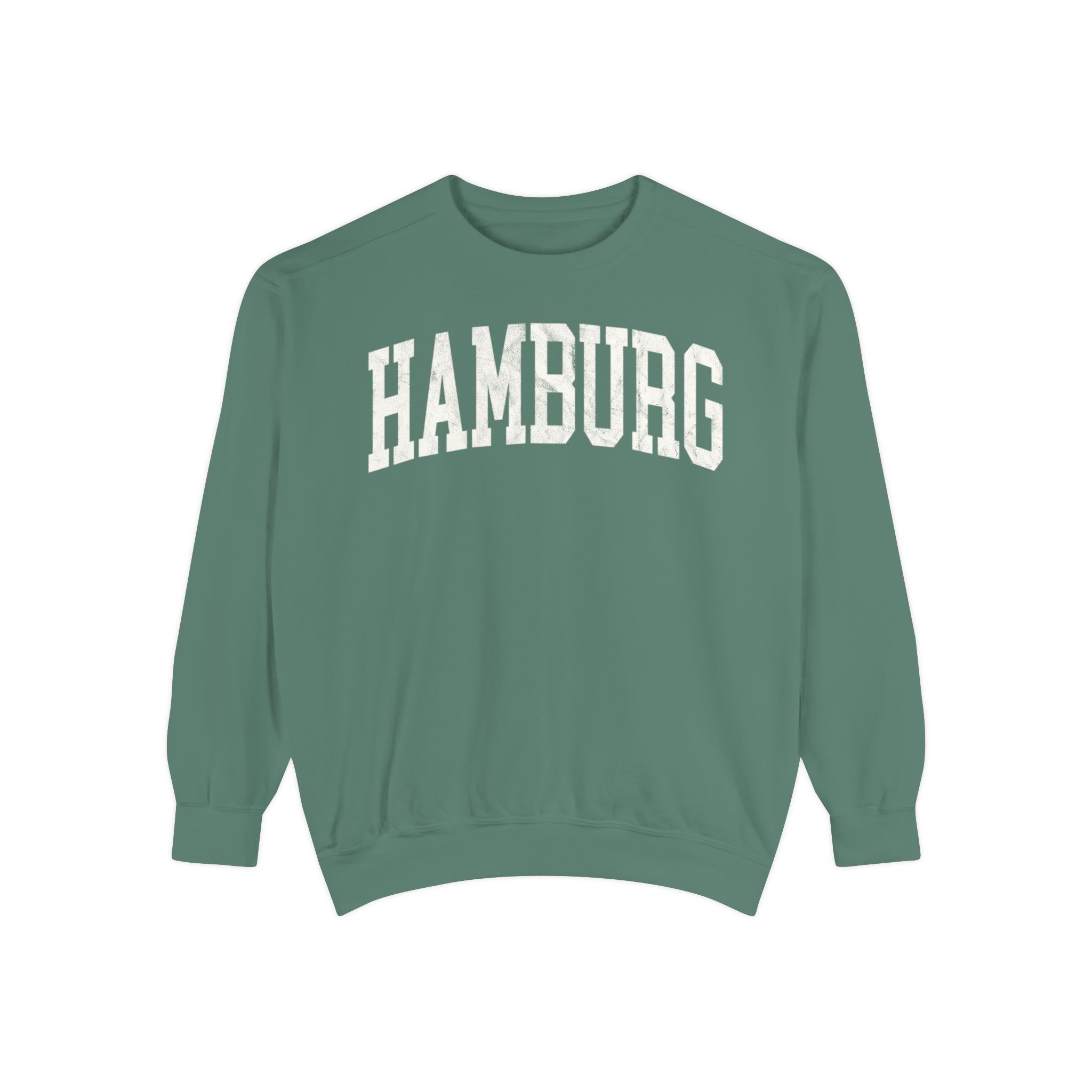 Hamburg Garment-Dyed Crewneck in Light Green, front — HAMBURG lettering