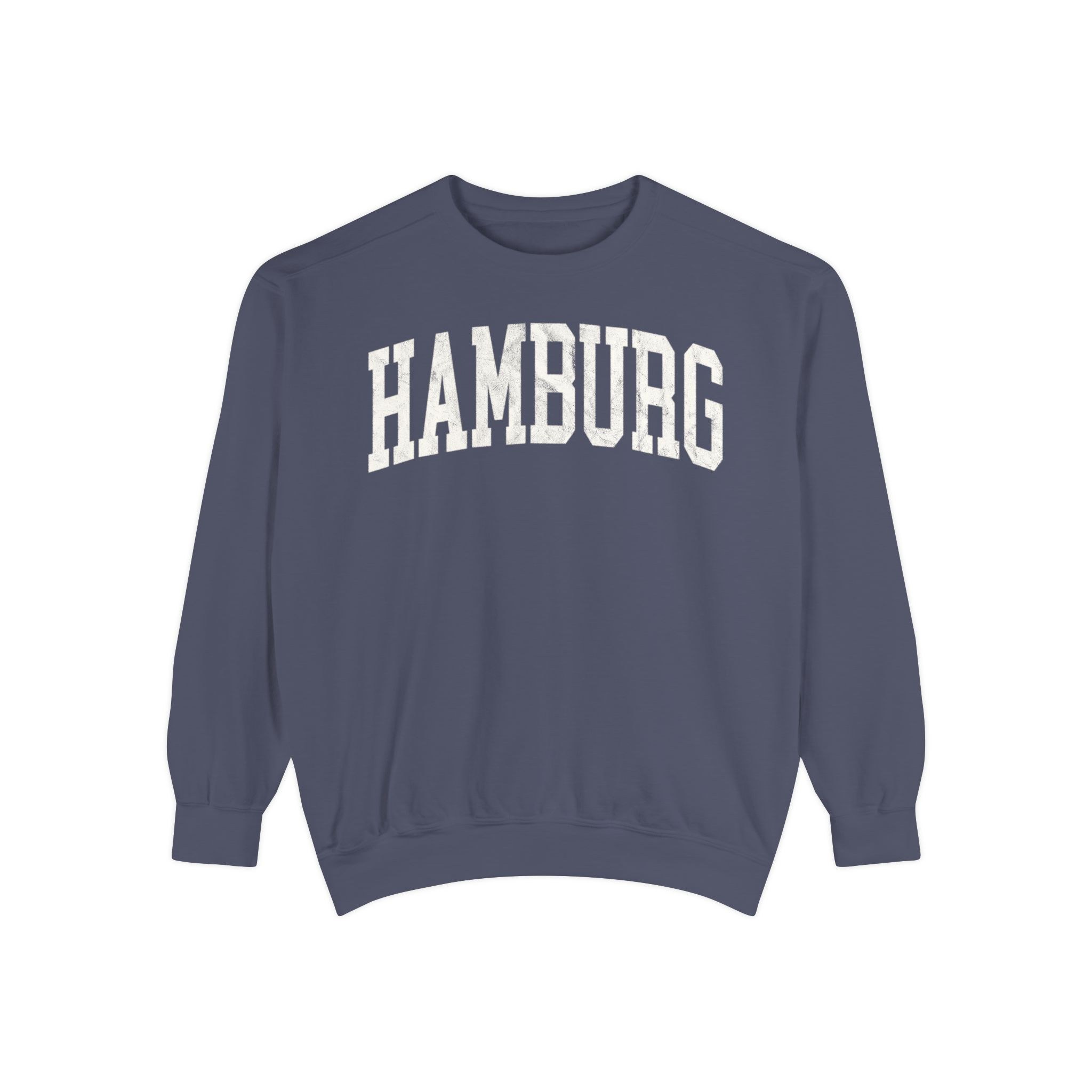 Hamburg Garment-Dyed Crewneck in Predawn, front — HAMBURG lettering