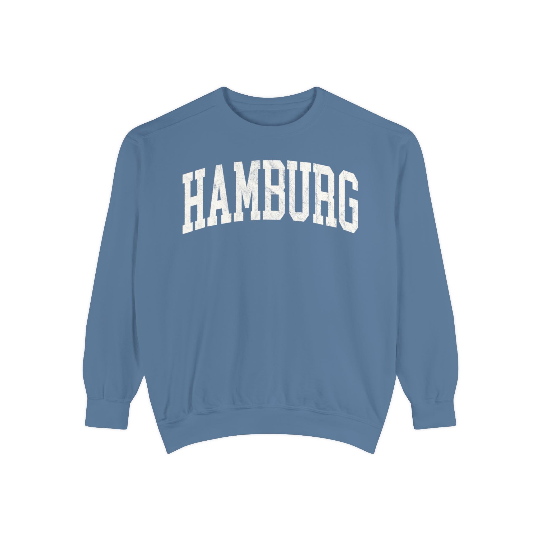 Hamburg Garment-Dyed Crewneck in Samantha Blue, front — HAMBURG lettering