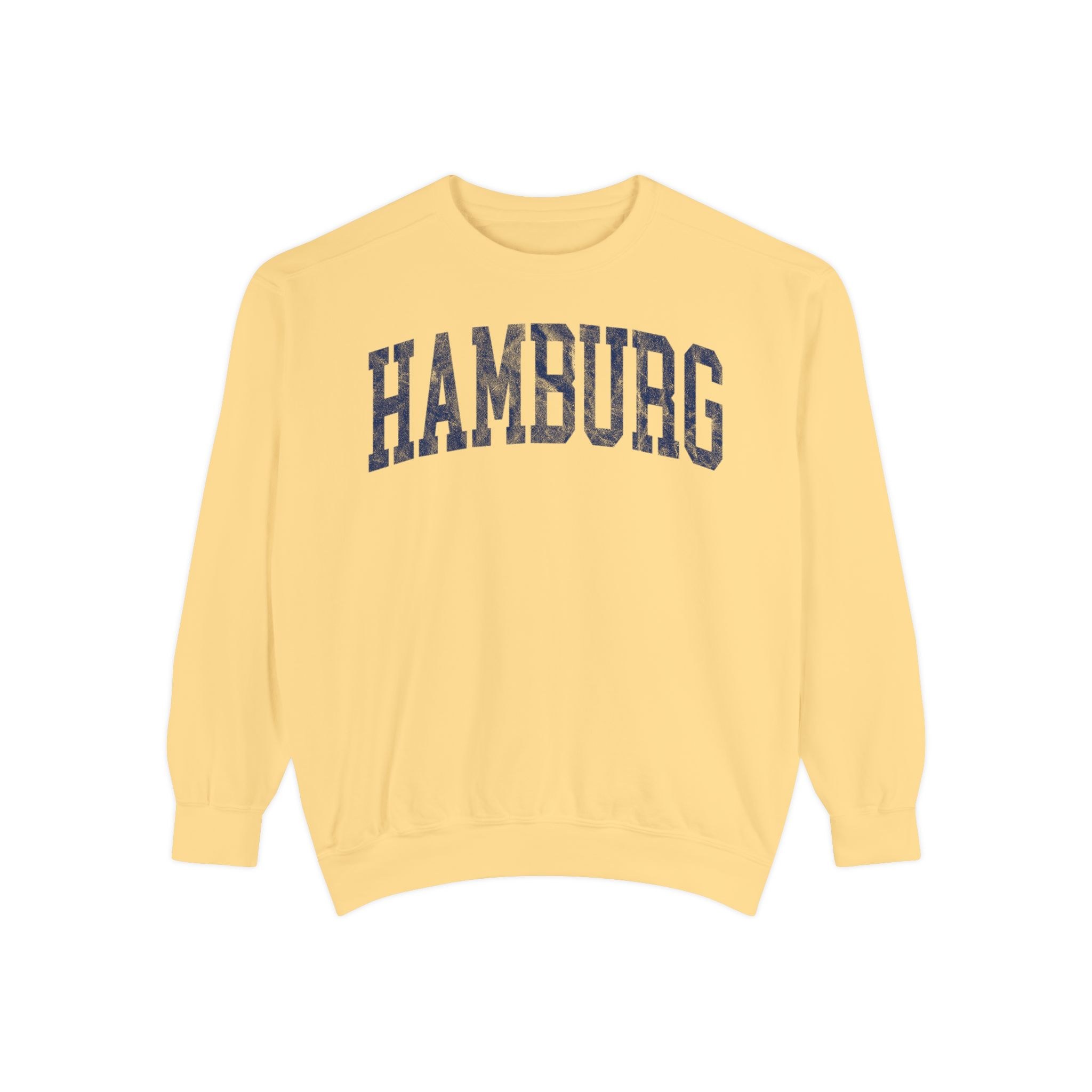 Hamburg Garment-Dyed Crewneck in Unsalted, front — HAMBURG lettering