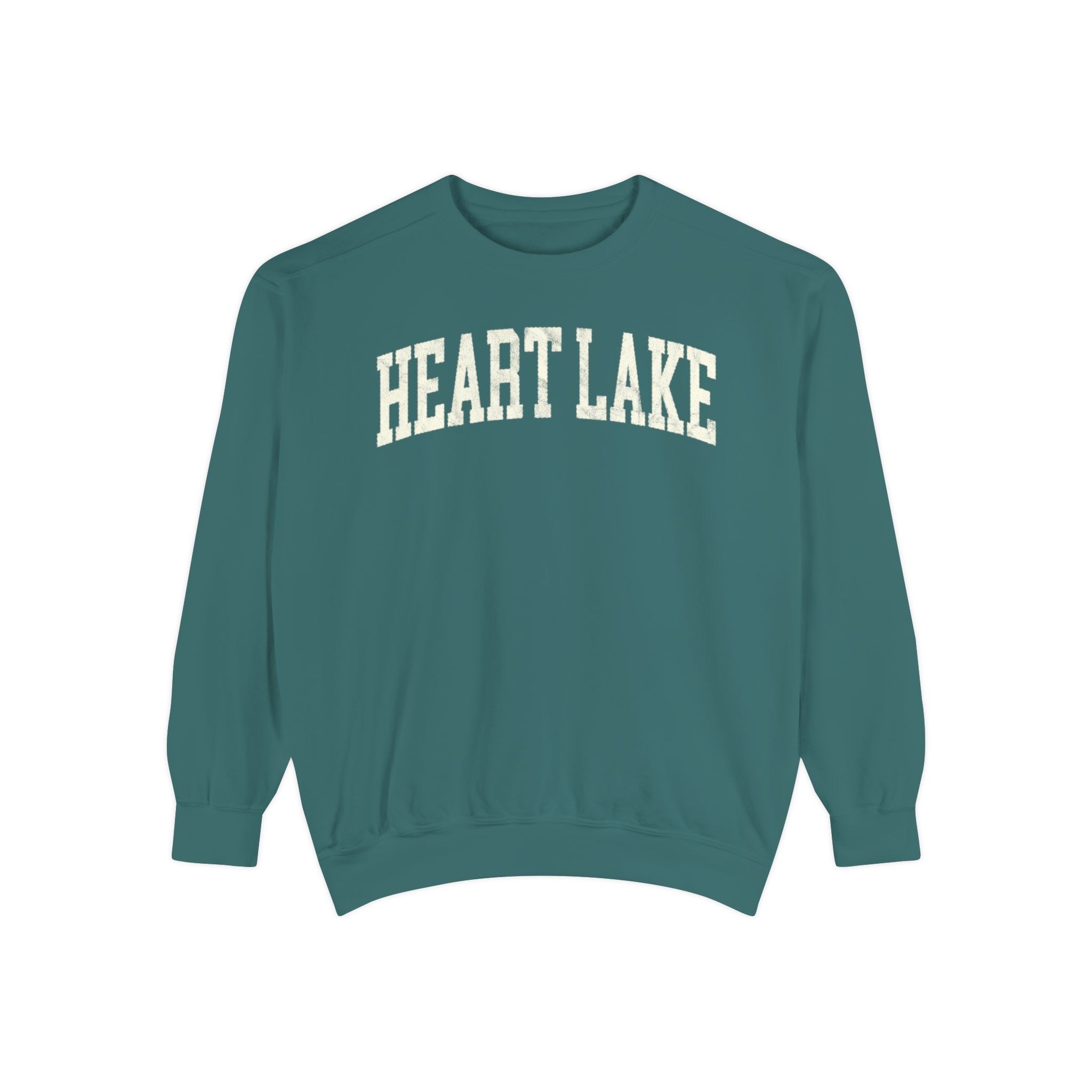 Heart Lake Garment-Dyed Crewneck in Blue Spruce, front — HEART LAKE lettering