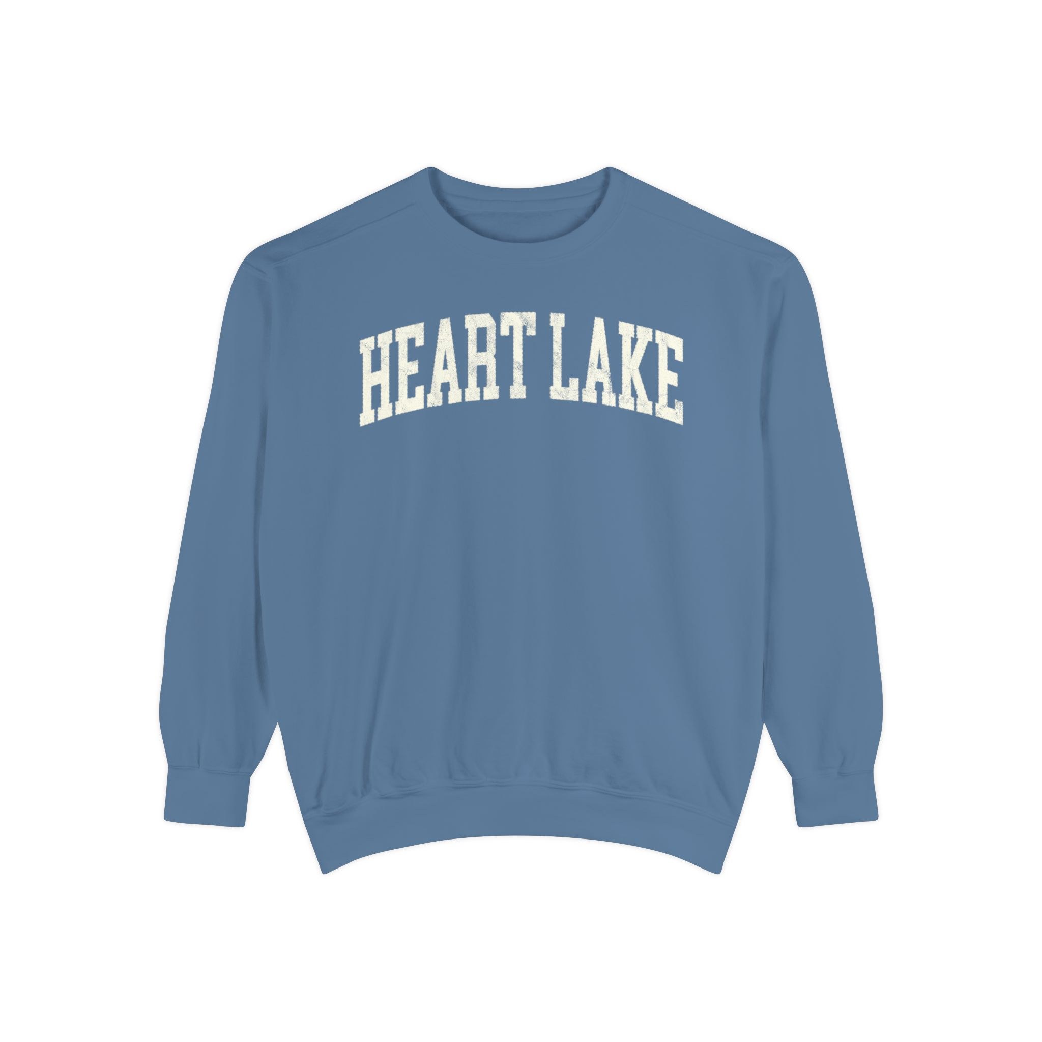 Heart Lake Garment-Dyed Crewneck in Samantha Blue, front — HEART LAKE lettering