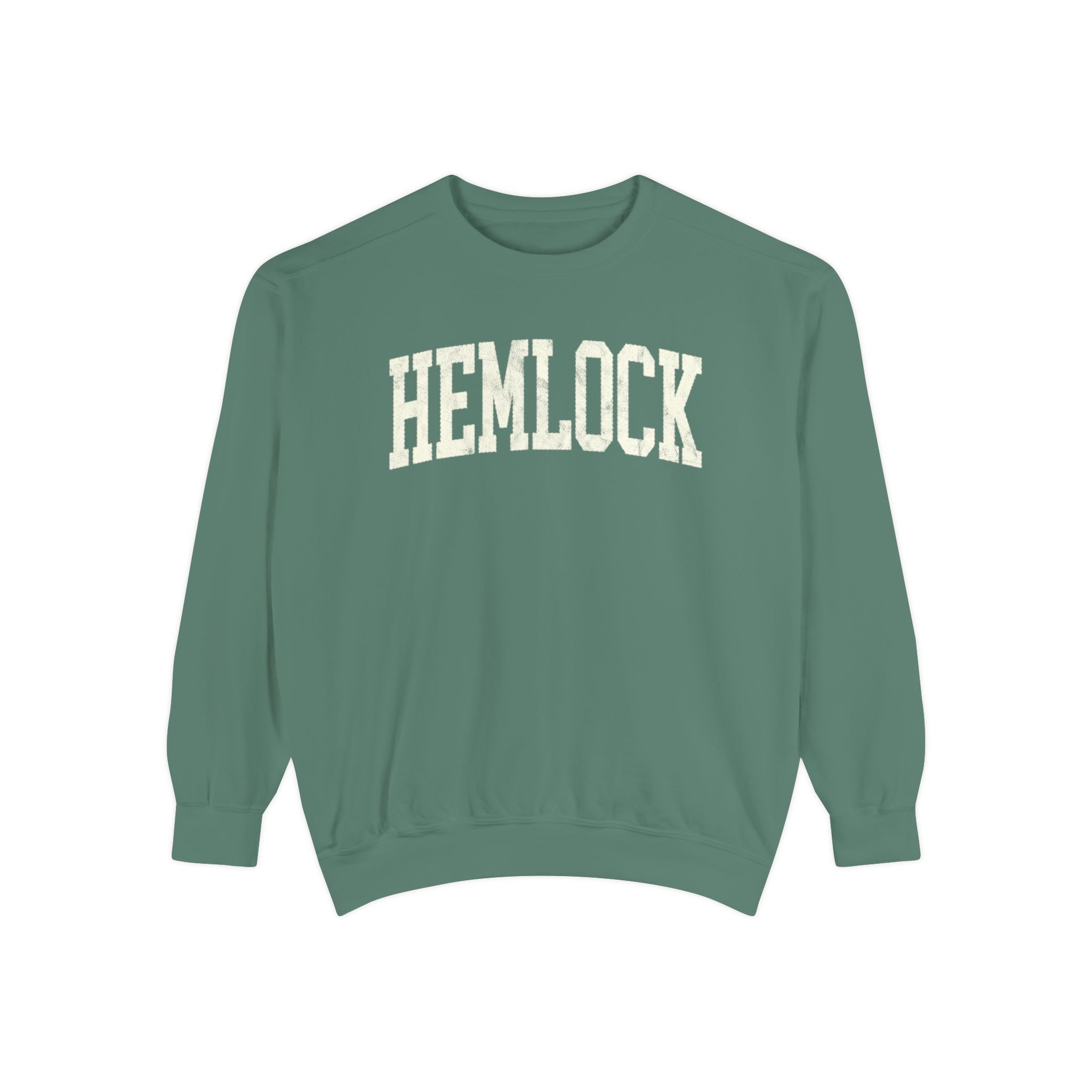 Hemlock Garment-Dyed Crewneck in Light Green, front — HEMLOCK lettering