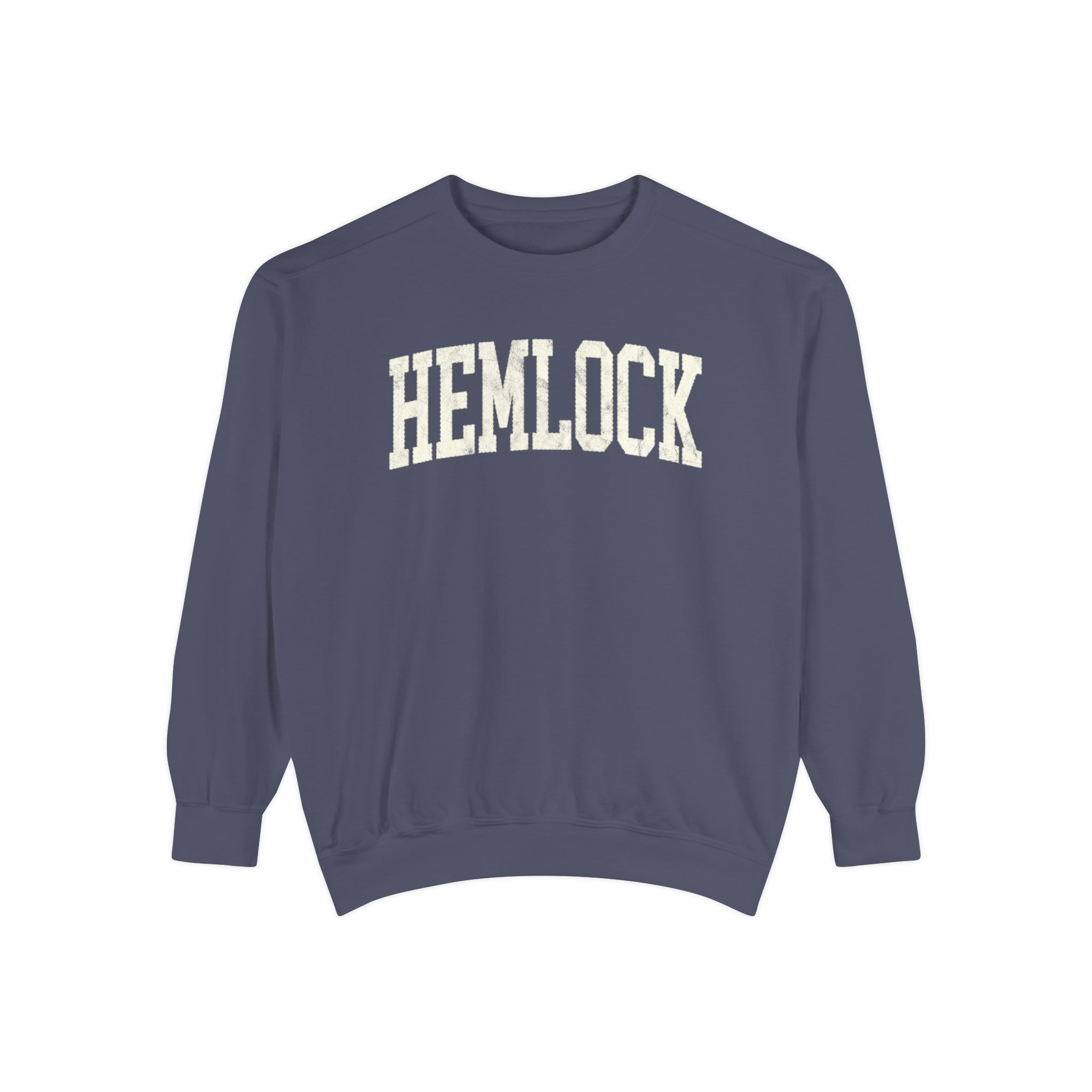 Hemlock Garment-Dyed Crewneck in Predawn, front — HEMLOCK lettering