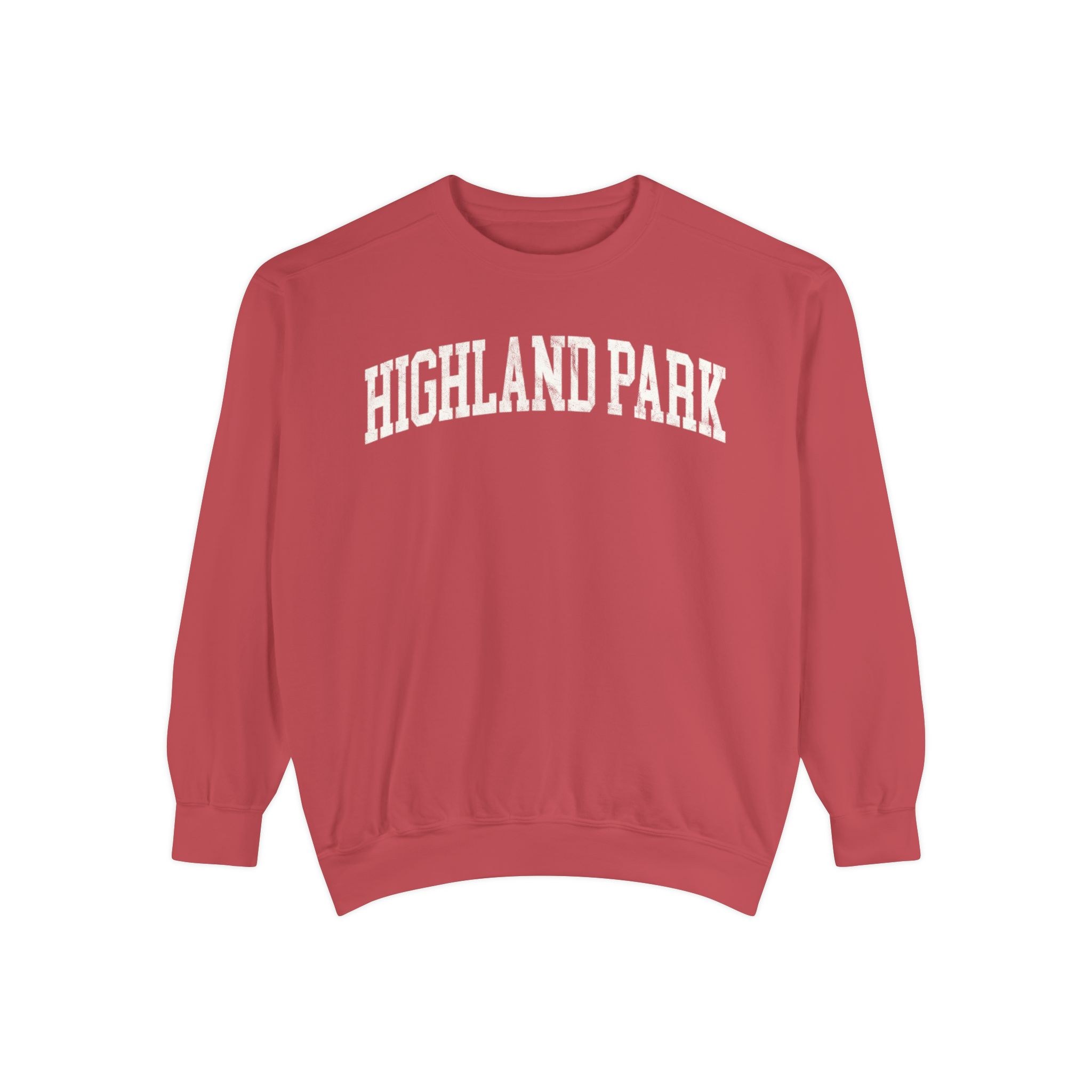 Highland Park Garment-Dyed Crewneck in Collegiate Crimson, front — HIGHLAND PARK lettering