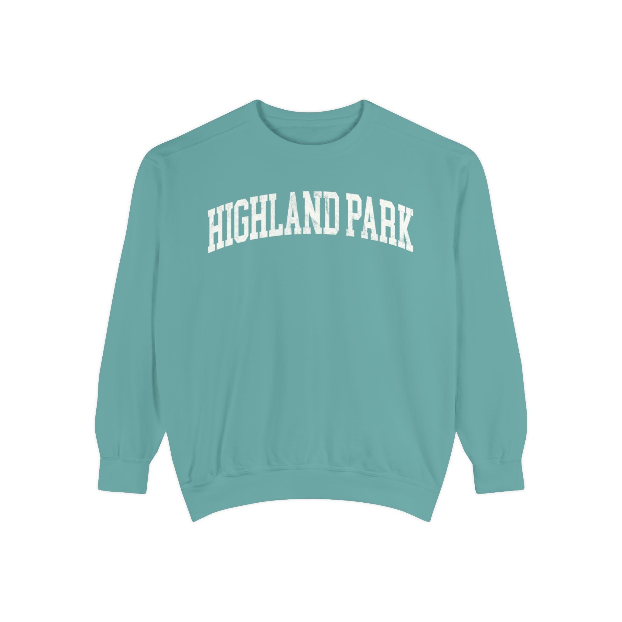Highland Park Garment-Dyed Crewneck in Erie Blue, front — HIGHLAND PARK lettering