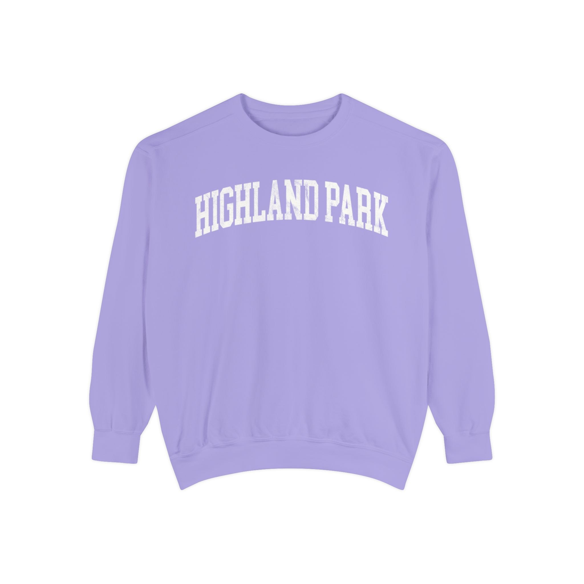 Highland Park Garment-Dyed Crewneck in Lavender Fields, front — HIGHLAND PARK lettering