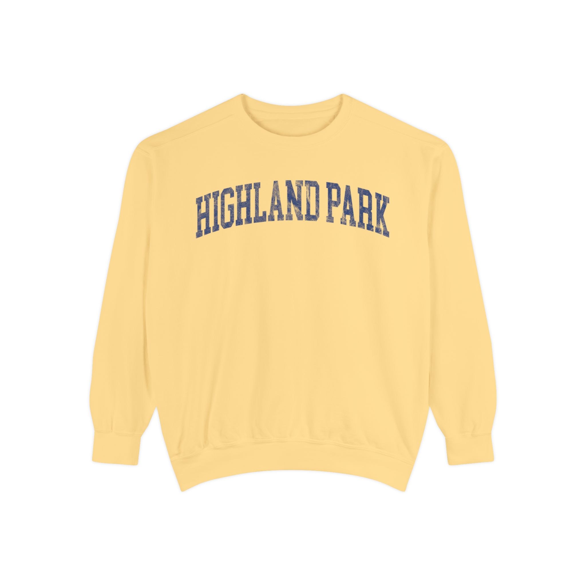Highland Park Garment-Dyed Crewneck in Unsalted, front — HIGHLAND PARK lettering