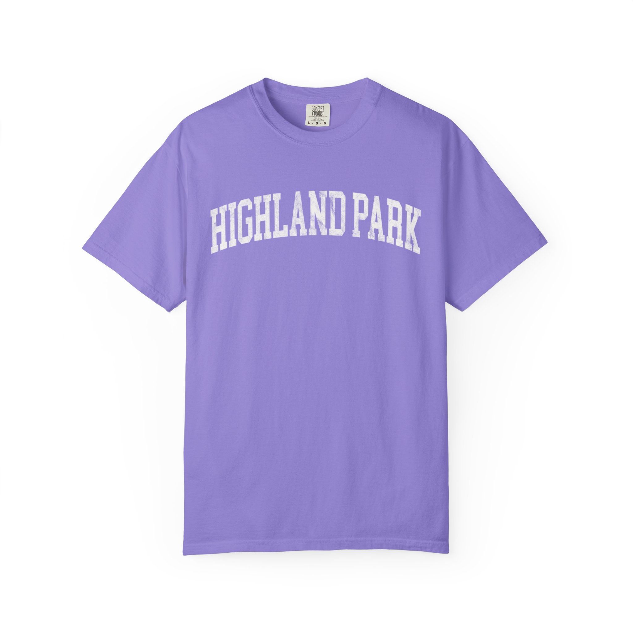 Highland Park Garment-Dyed Tee in Lavender Fields, front — HIGHLAND PARK lettering