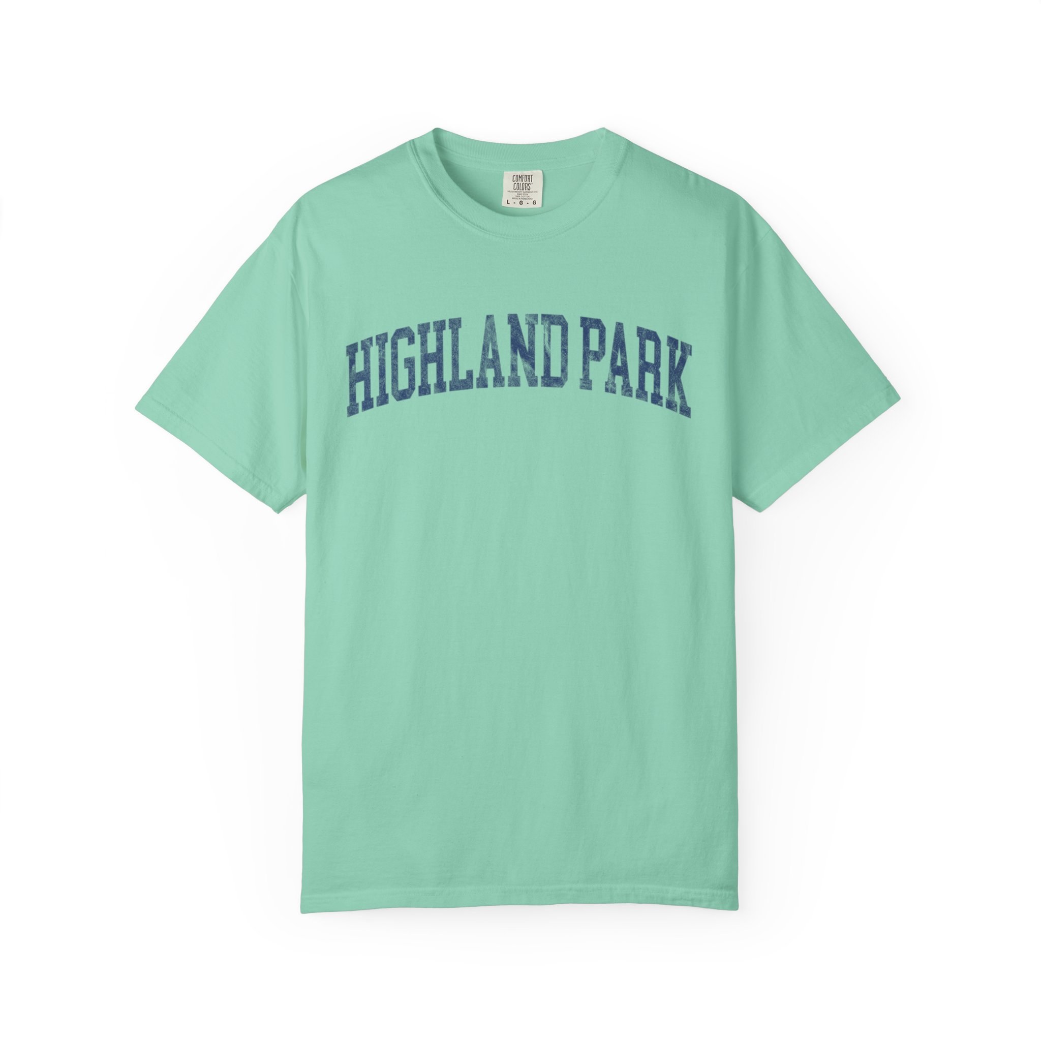 Highland Park Garment-Dyed Tee in Teal Good Inc, front — HIGHLAND PARK lettering