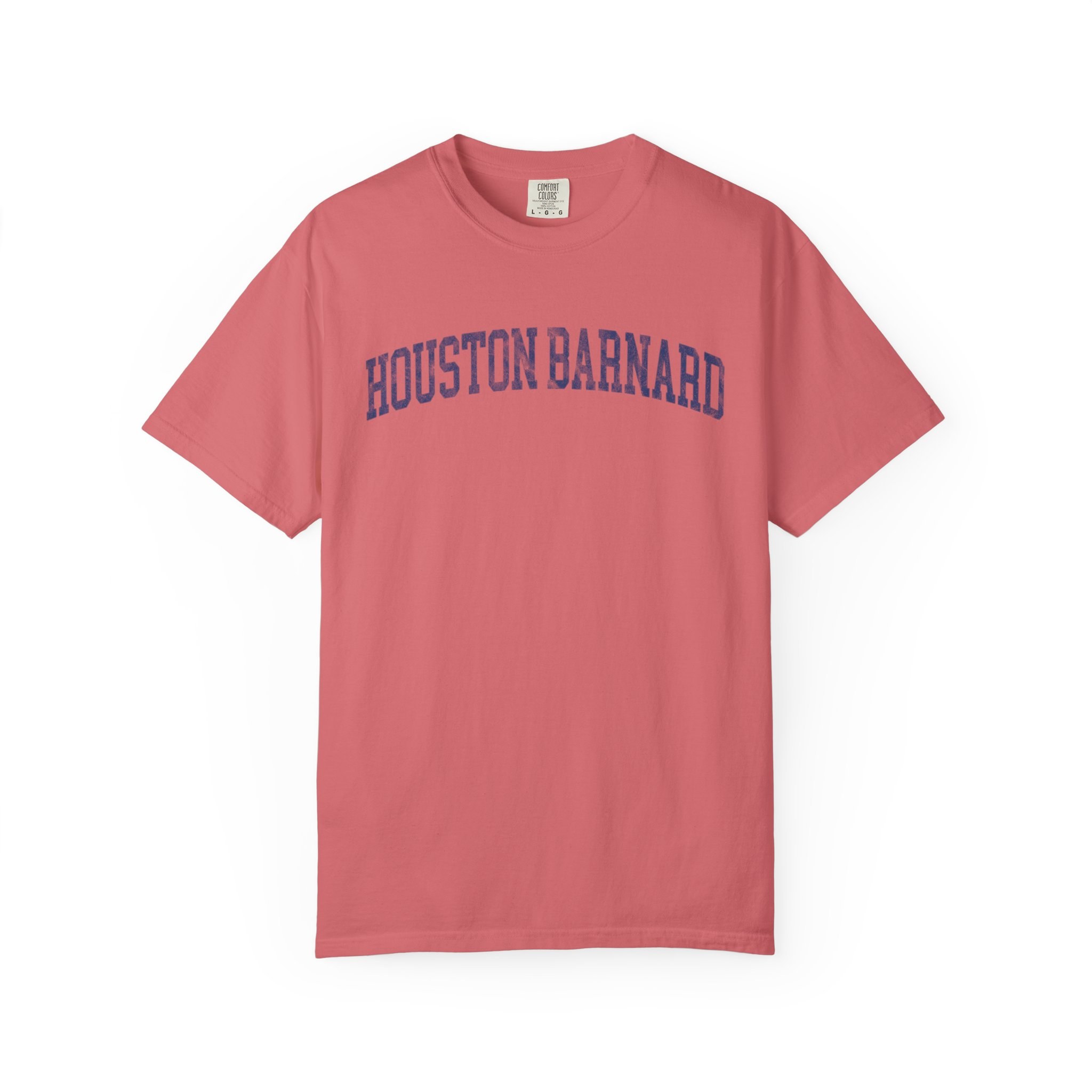Houston Barnard Garment-Dyed Tee in Strawberry Cloud, front — HOUSTON BARNARD lettering
