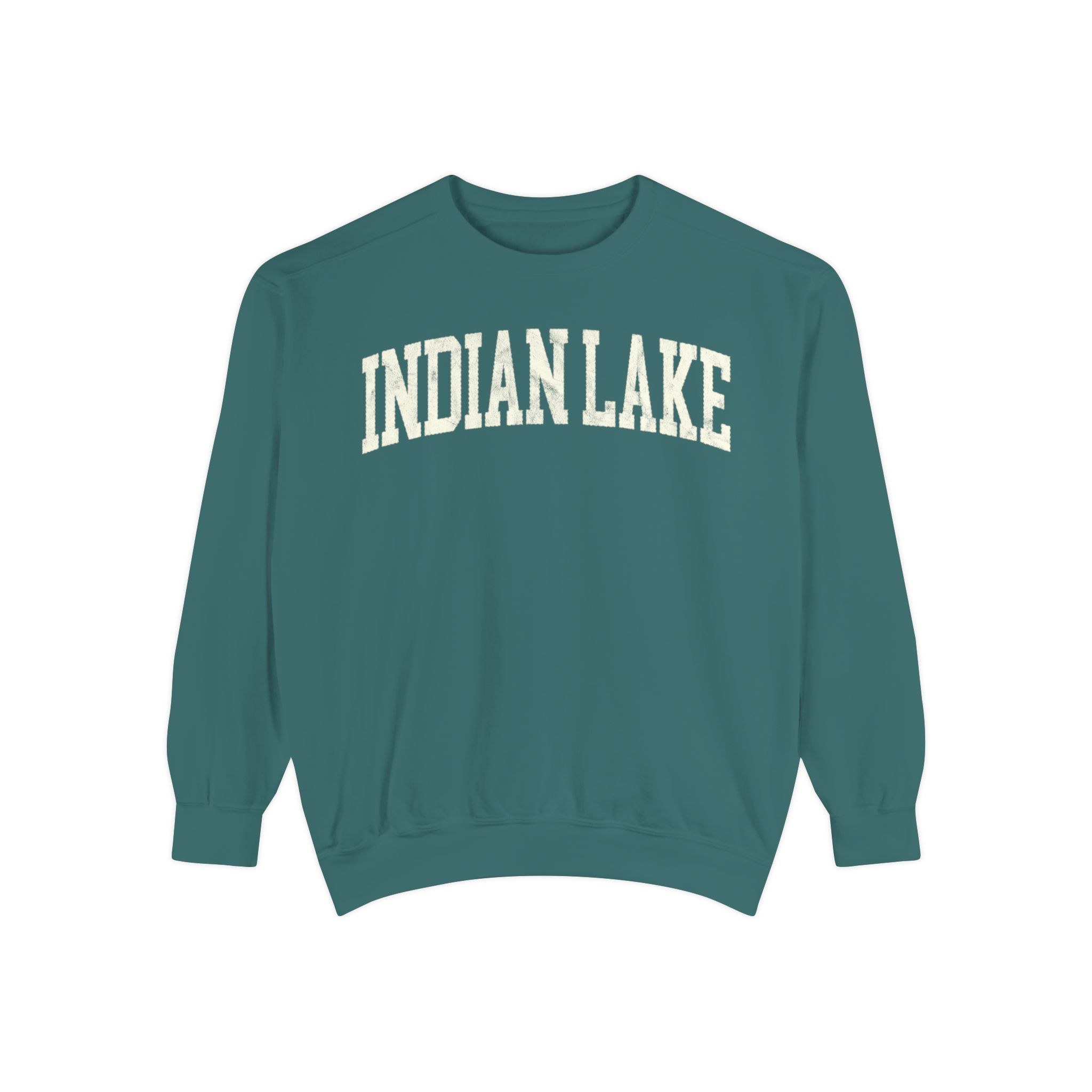 Indian Lake Garment-Dyed Crewneck in Blue Spruce, front — INDIAN LAKE lettering