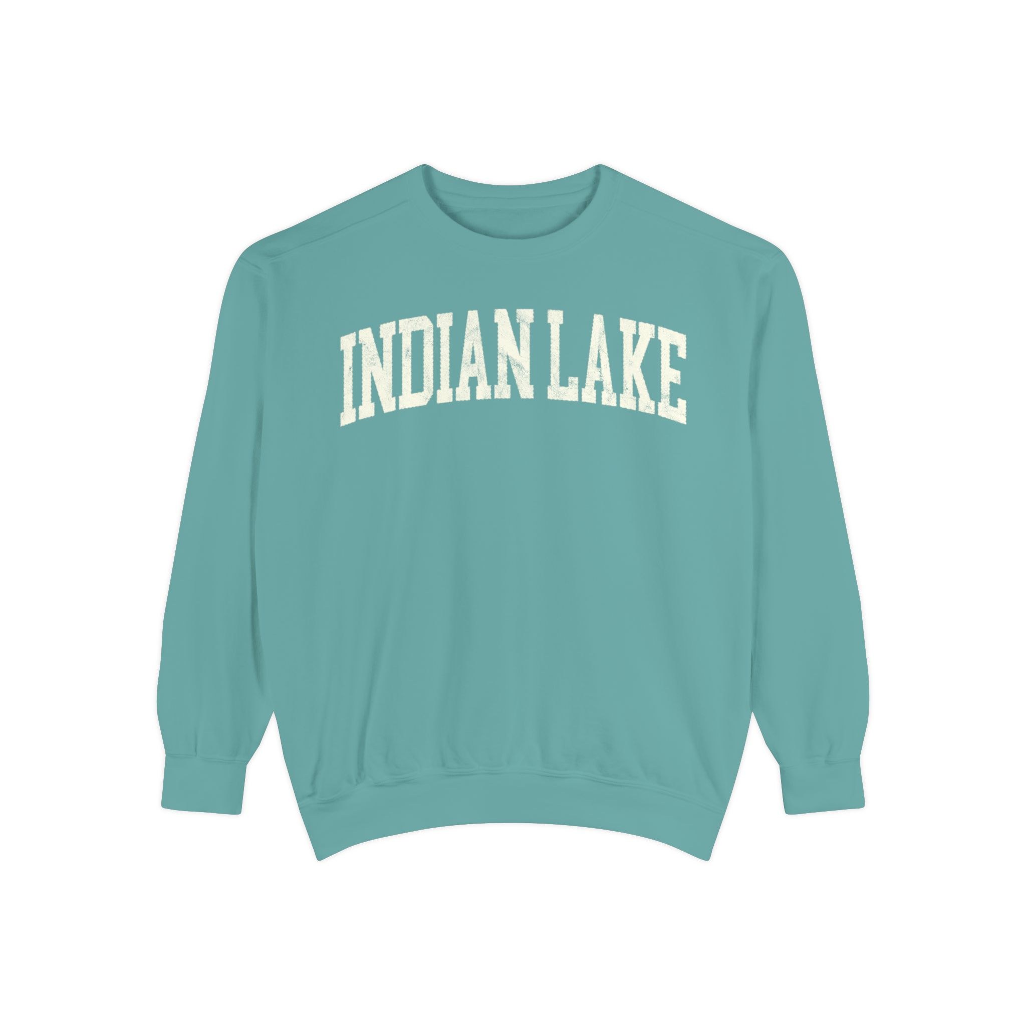 Indian Lake Garment-Dyed Crewneck in Erie Blue, front — INDIAN LAKE lettering
