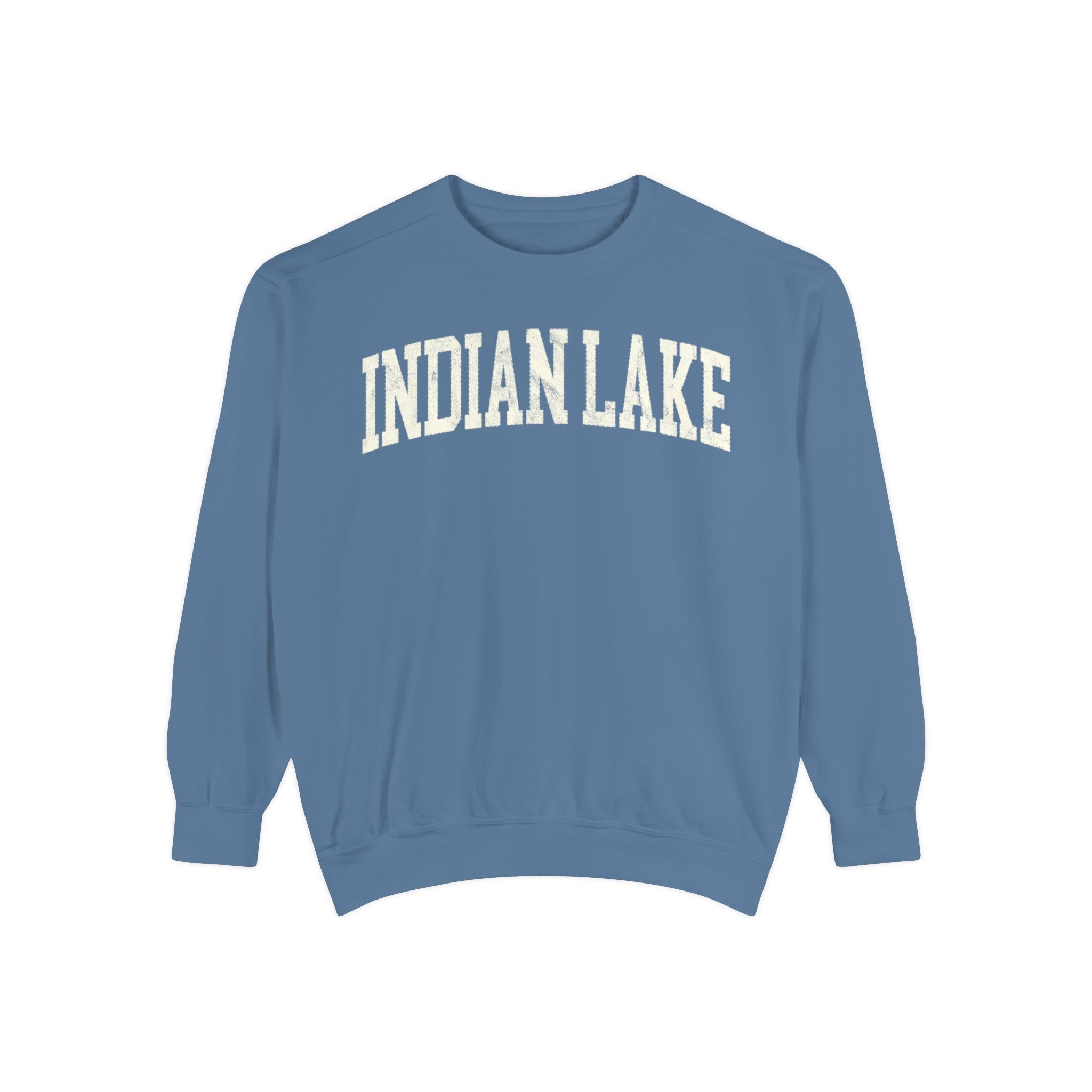 Indian Lake Garment-Dyed Crewneck in Samantha Blue, front — INDIAN LAKE lettering