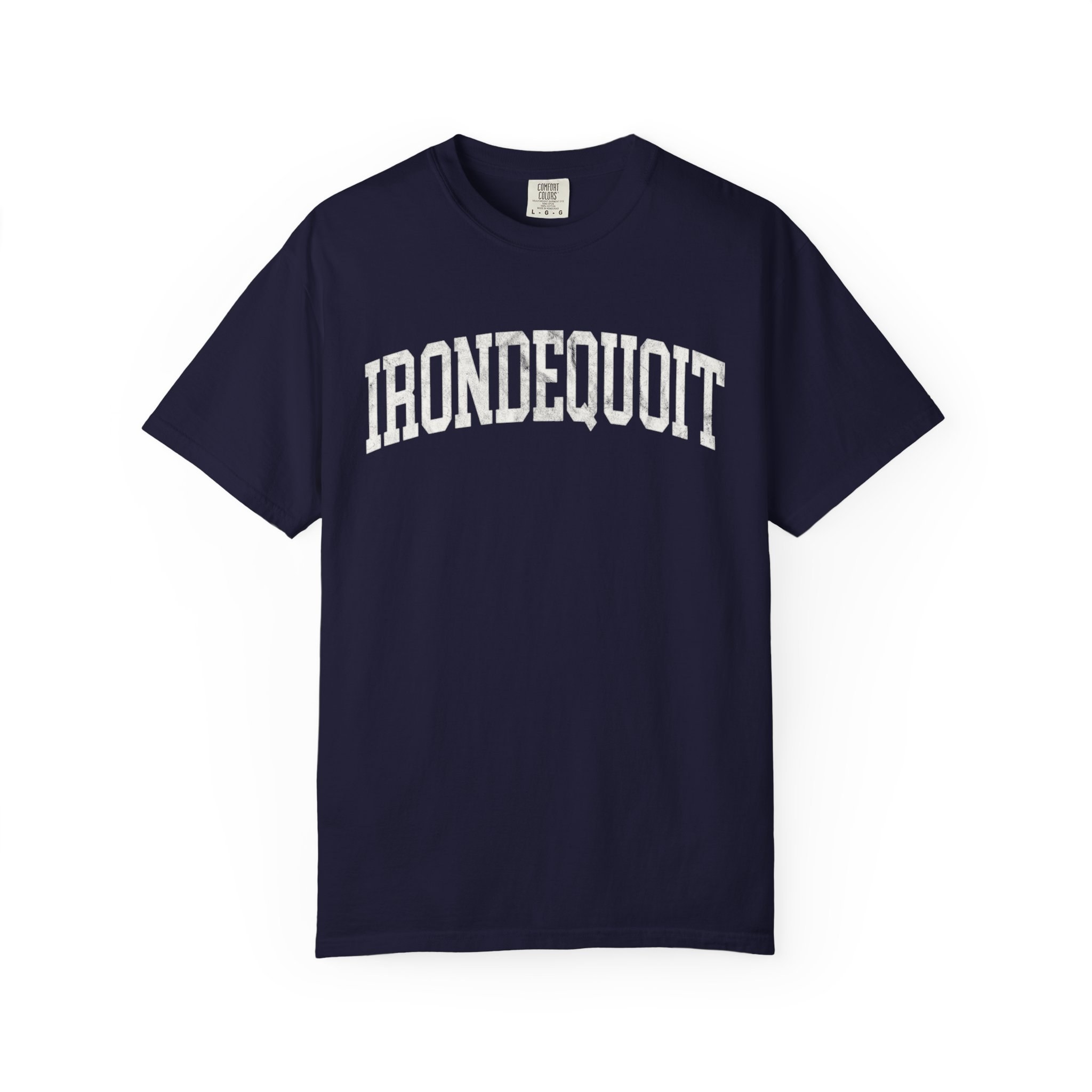 Irondequoit Garment-Dyed Tee in Boathouse Blue, front — IRONDEQUOIT lettering