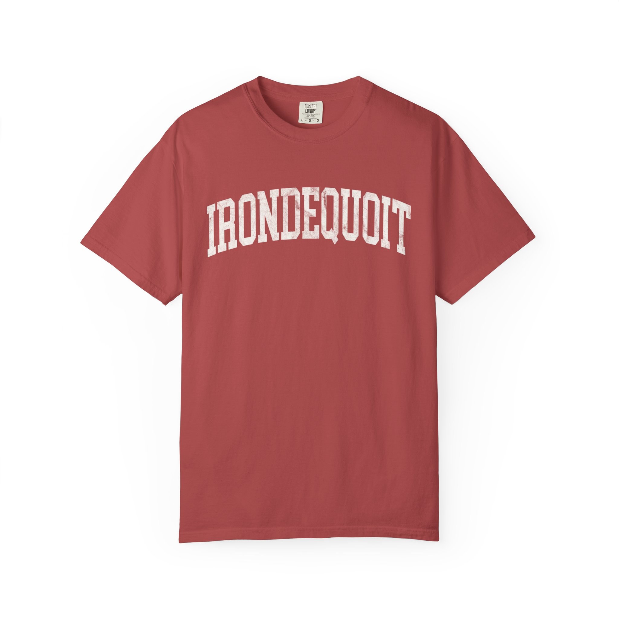 Irondequoit Garment-Dyed Tee in Collegiate Crimson, front — IRONDEQUOIT lettering