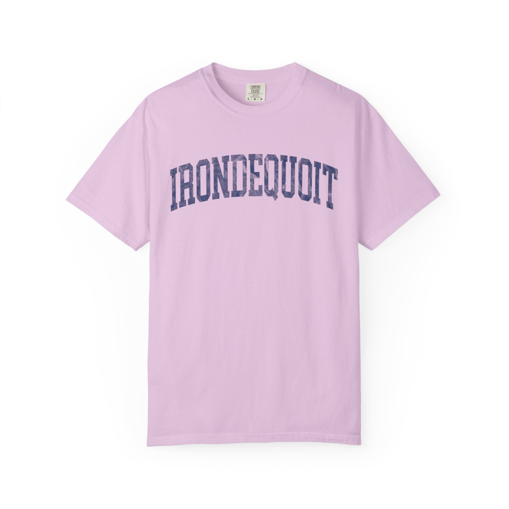 Irondequoit Garment-Dyed Tee in Lilac Szn, front — IRONDEQUOIT lettering