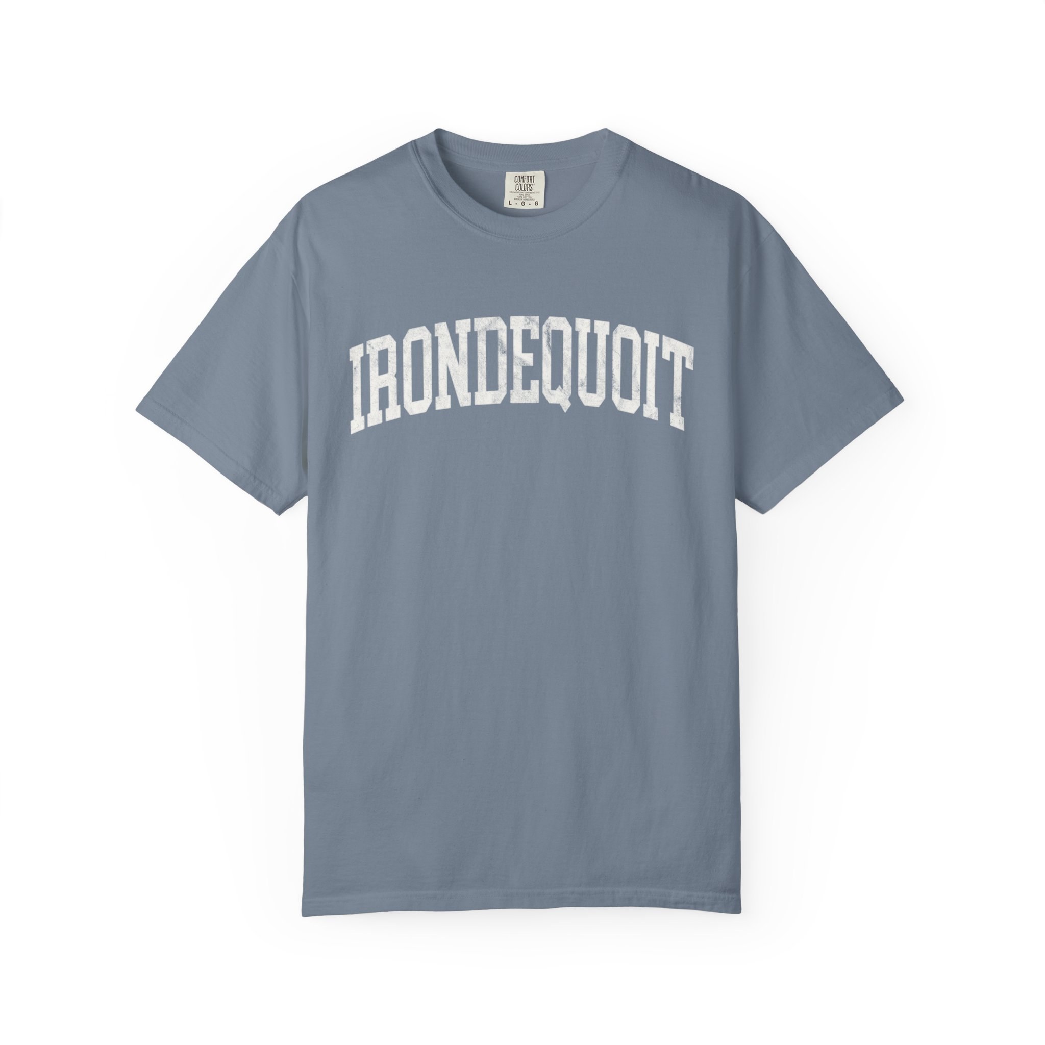 Irondequoit Garment-Dyed Tee in Samantha Blue, front — IRONDEQUOIT lettering