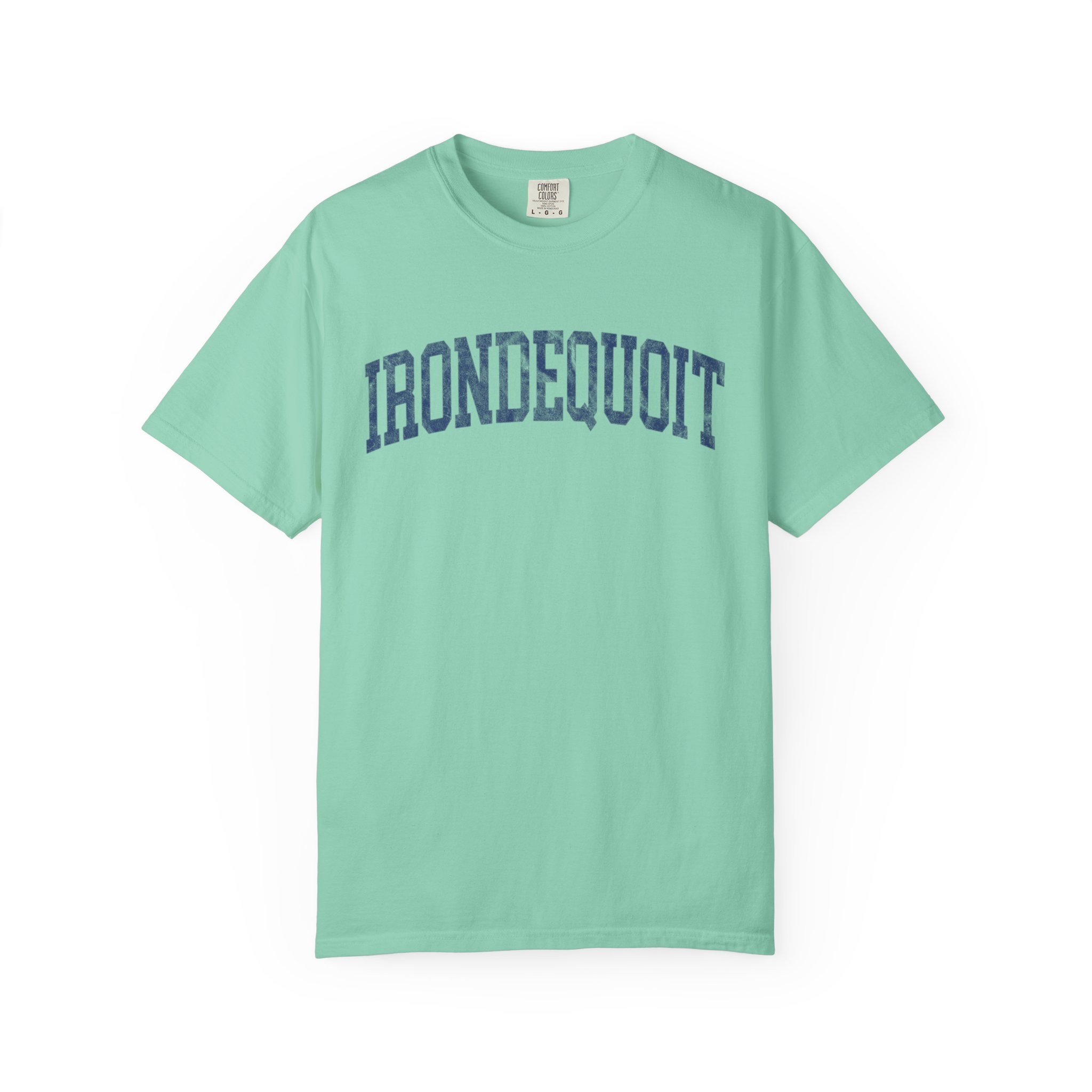 Irondequoit Garment-Dyed Tee in Teal Good Inc, front — IRONDEQUOIT lettering