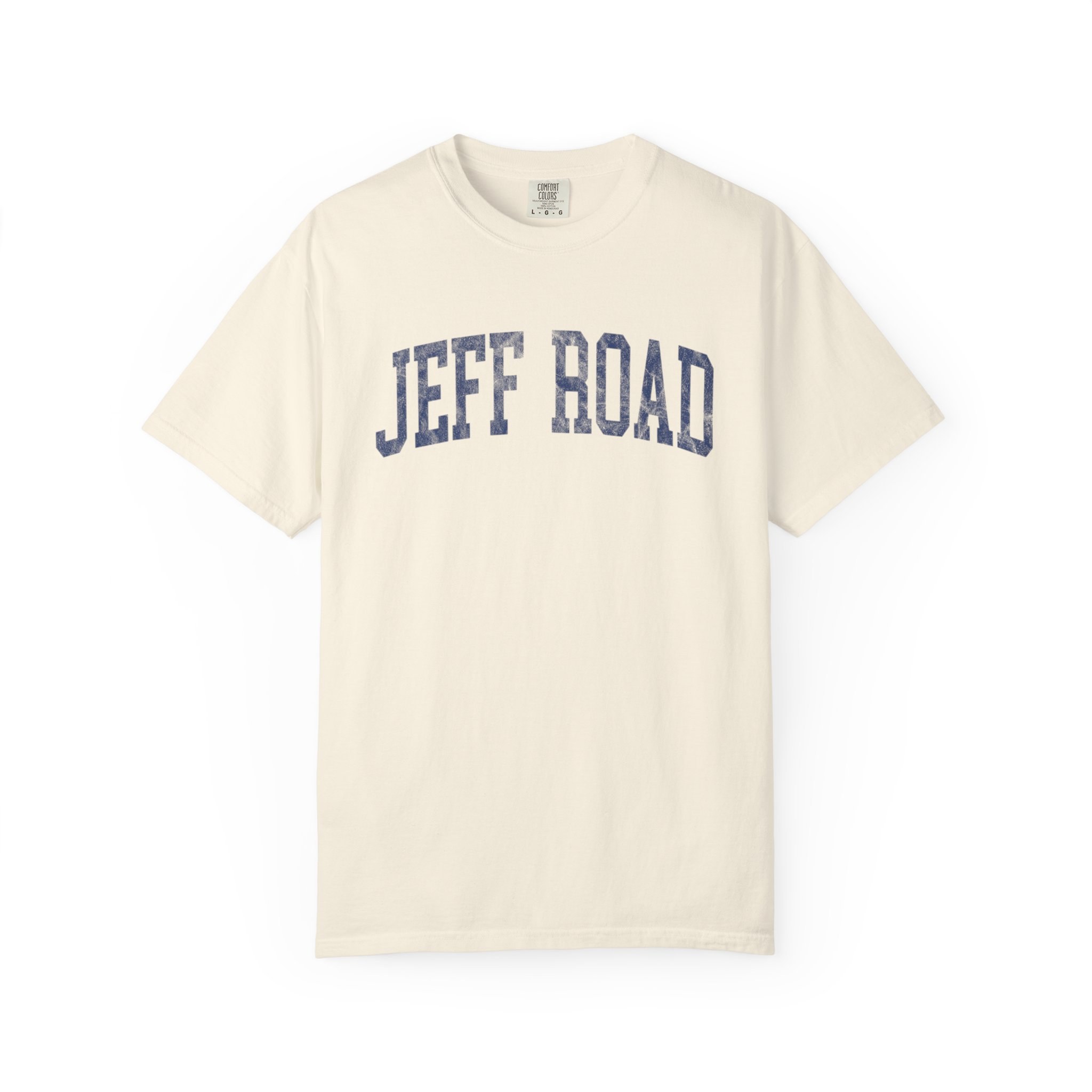 Jeff Road Garment-Dyed Tee in Crème Fraîche, front — JEFF ROAD lettering
