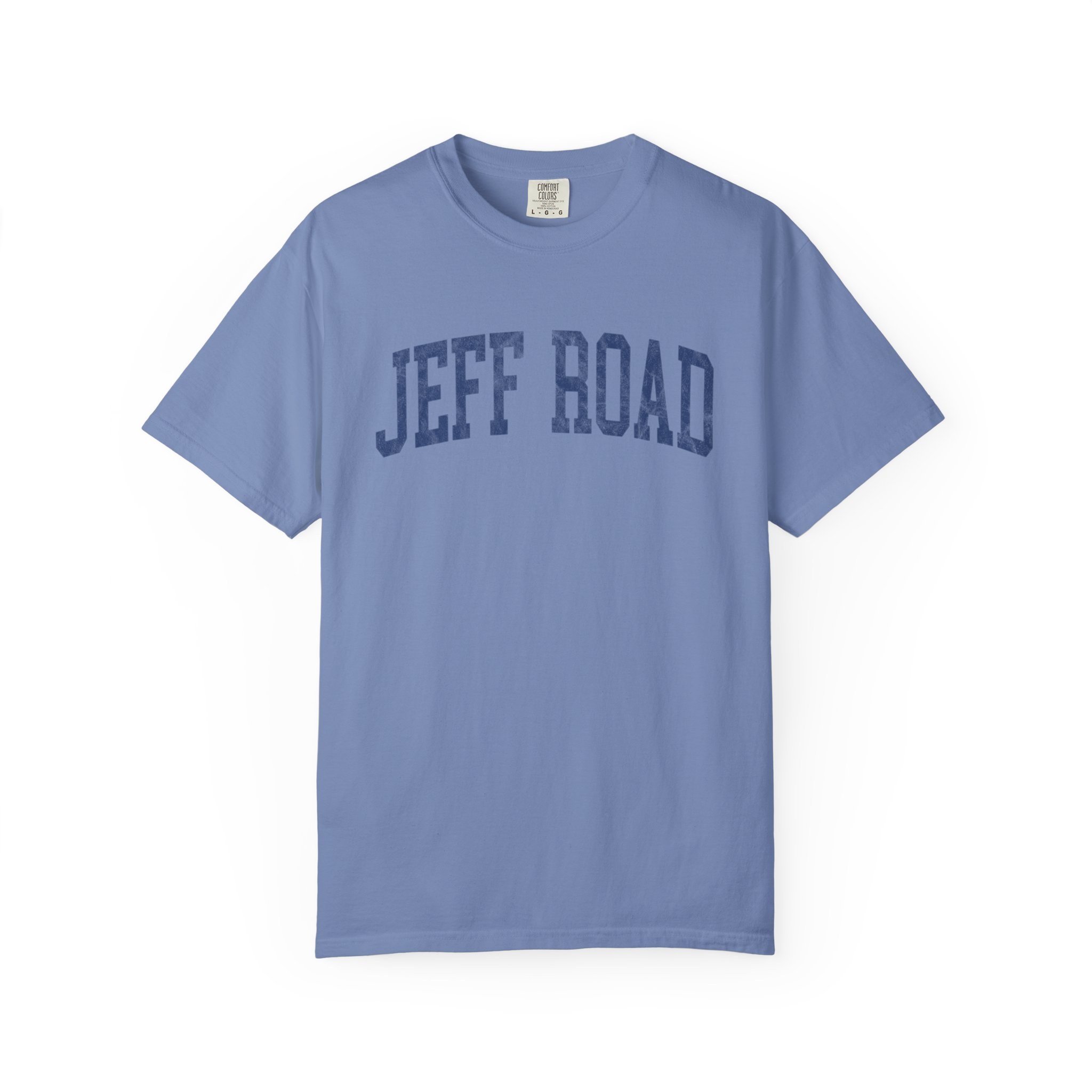 Jeff Road Garment-Dyed Tee in Faded Predawn, front — JEFF ROAD lettering