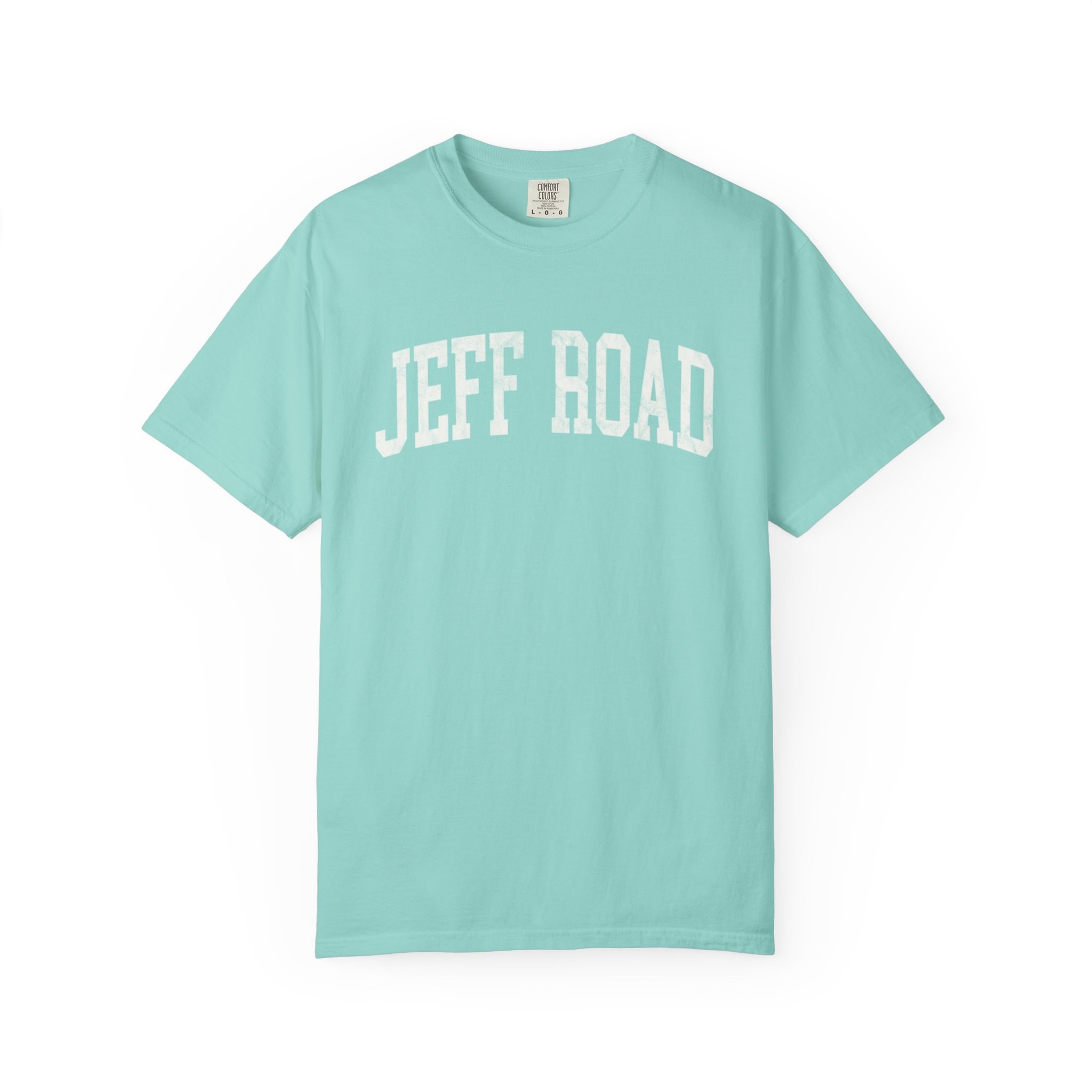 Jeff Road Garment-Dyed Tee in Light Ice, front — JEFF ROAD lettering