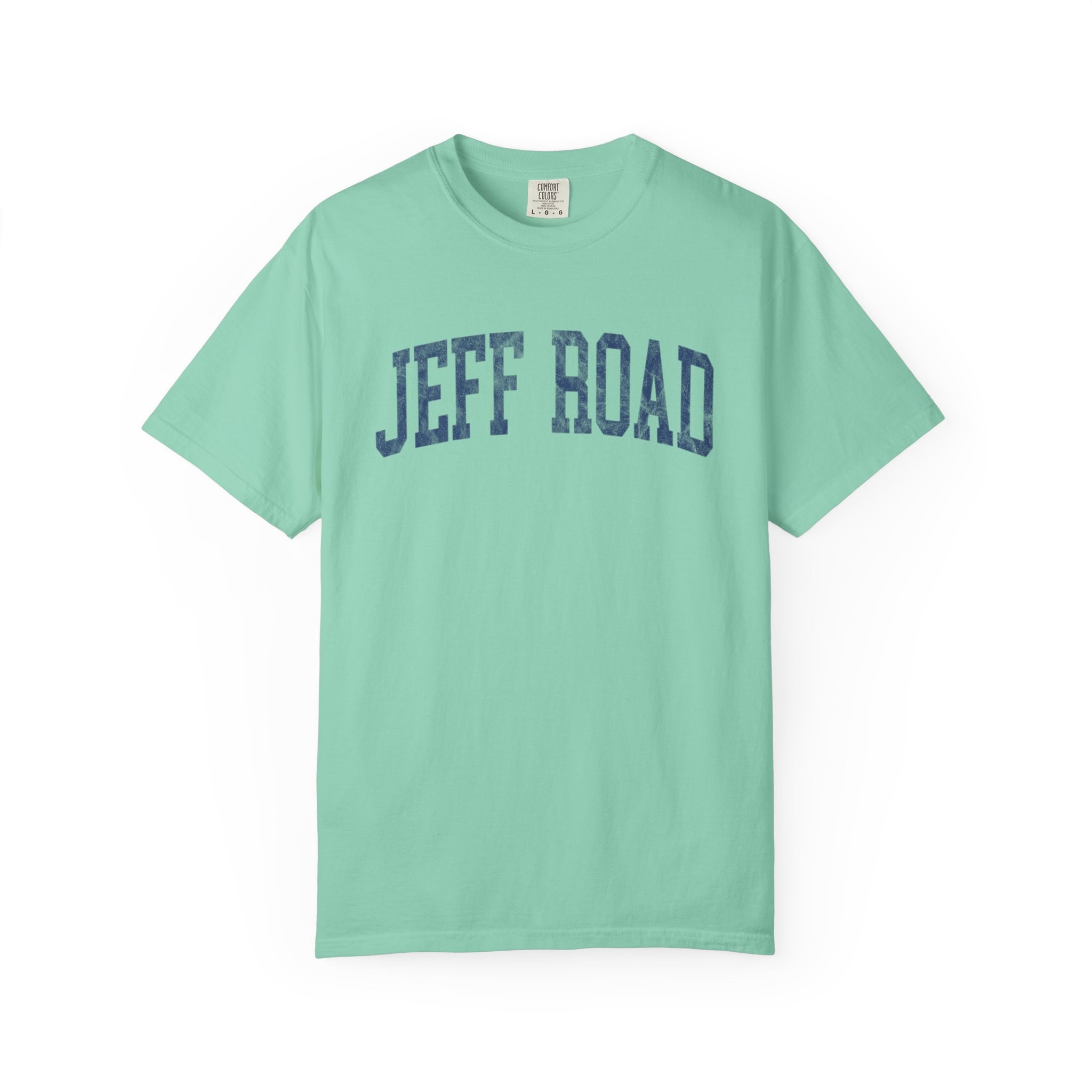 Jeff Road Garment-Dyed Tee in Teal Good Inc, front — JEFF ROAD lettering