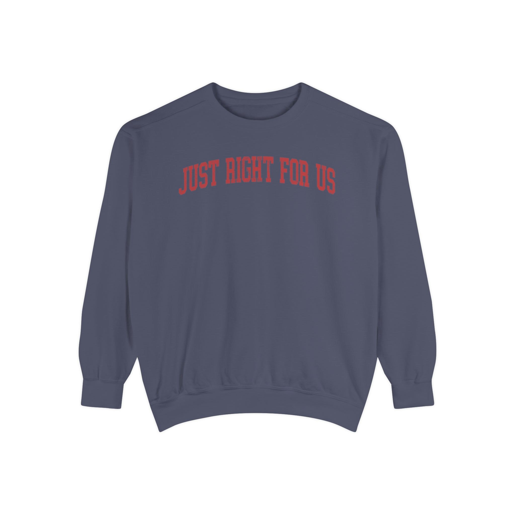 Just Right for Us Garment-Dyed Crewneck in Predawn, front — JUST RIGHT FOR US lettering