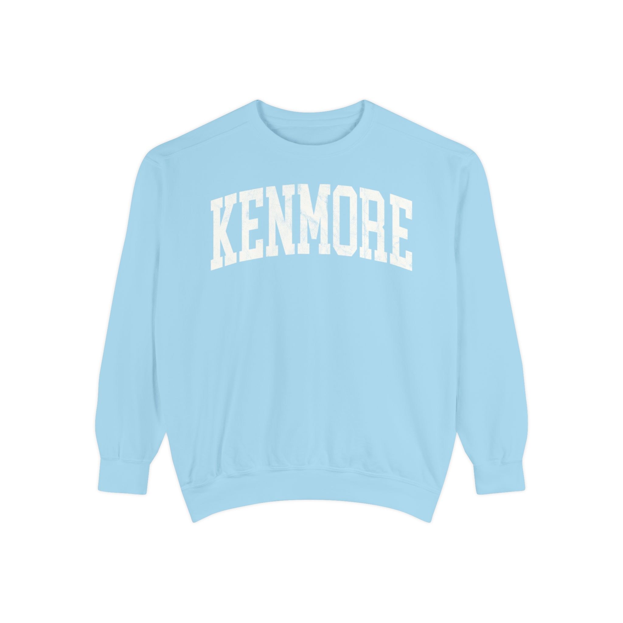 Kenmore Garment-Dyed Crewneck in Blueberry Milk, front — KENMORE lettering