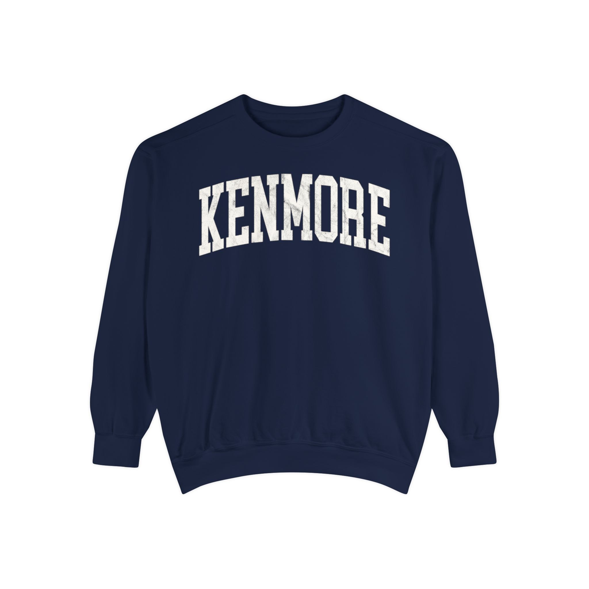 Kenmore Garment-Dyed Crewneck in Boathouse Blue, front — KENMORE lettering