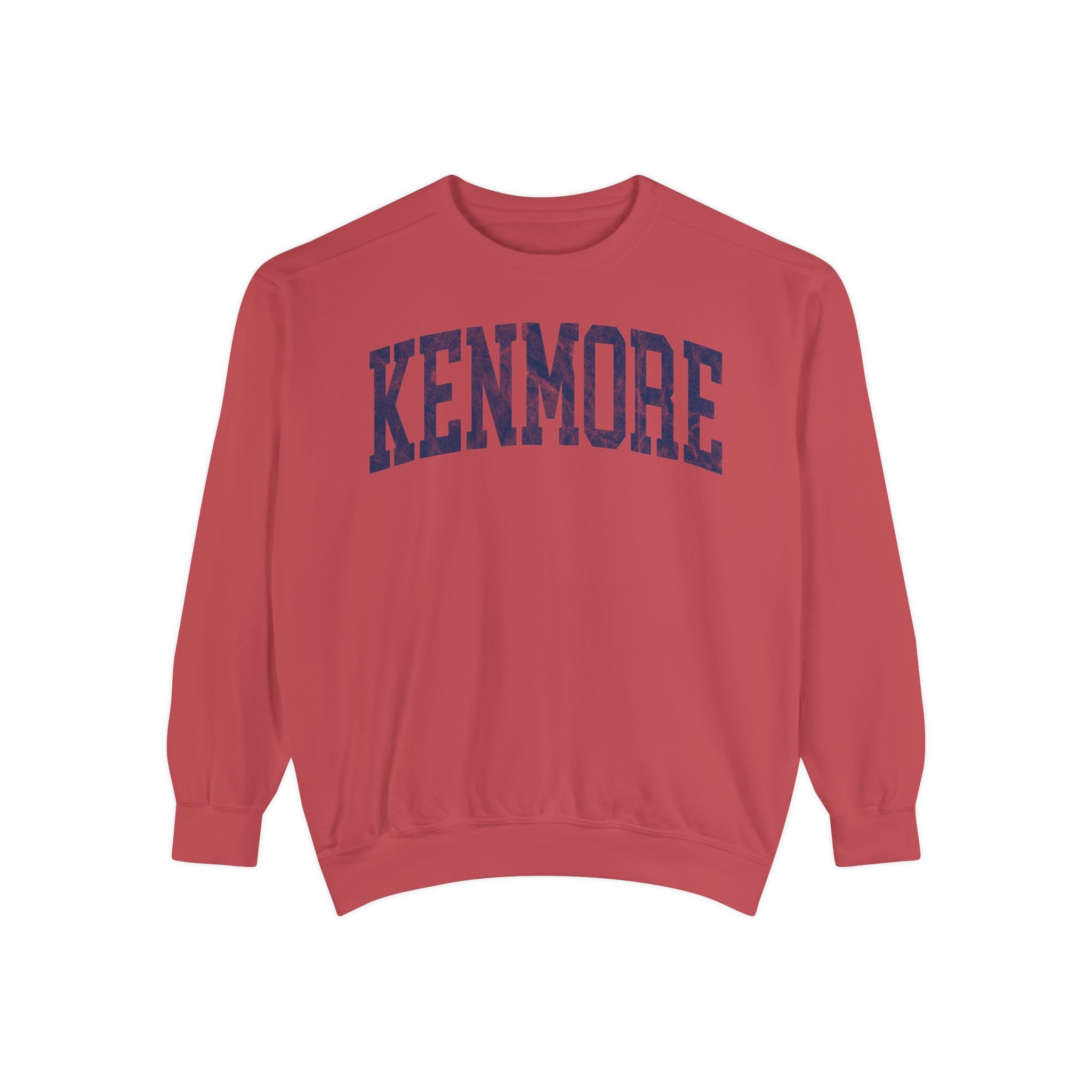 Kenmore Garment-Dyed Crewneck in Collegiate Crimson, front — KENMORE lettering