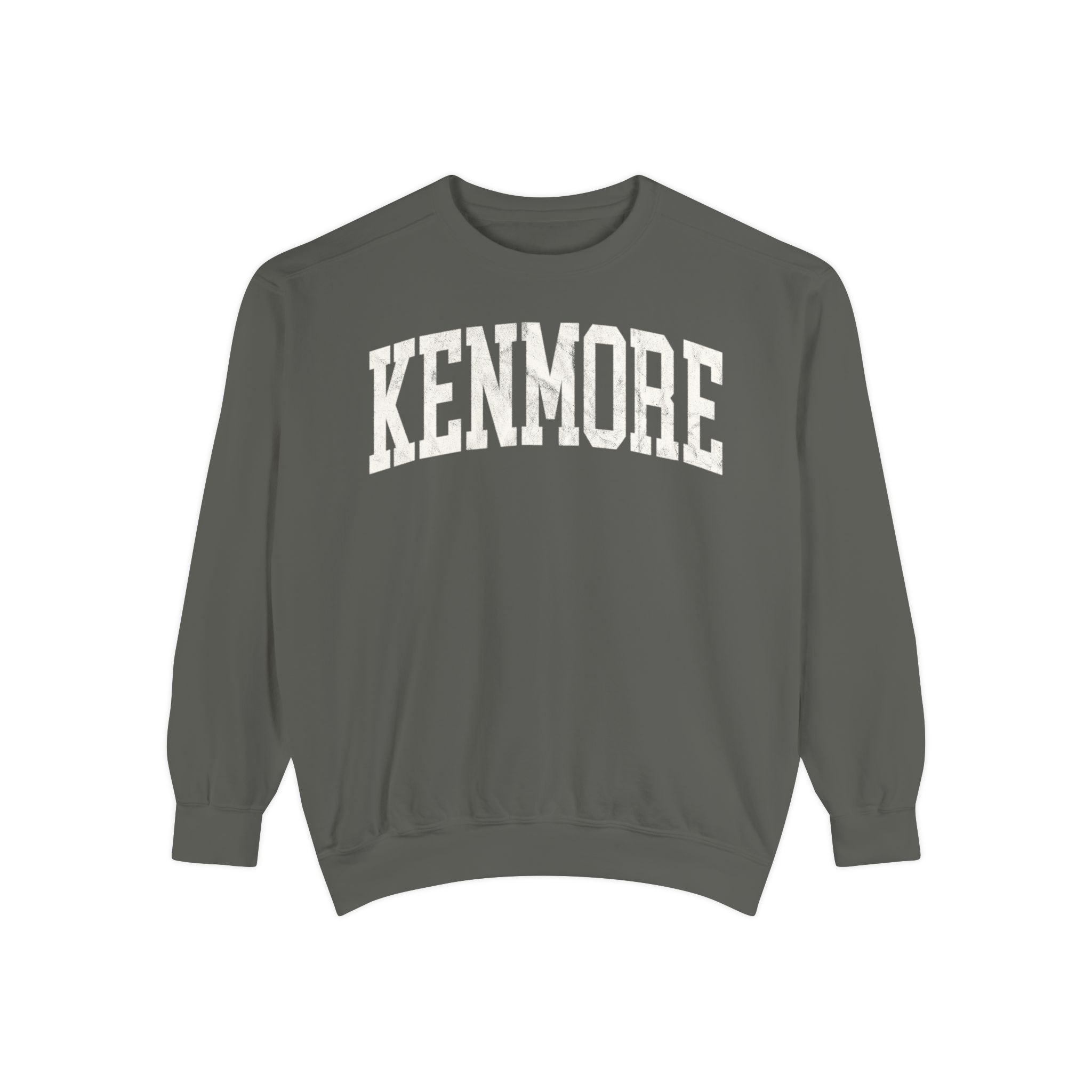 Kenmore Garment-Dyed Crewneck in Concrete, front — KENMORE lettering