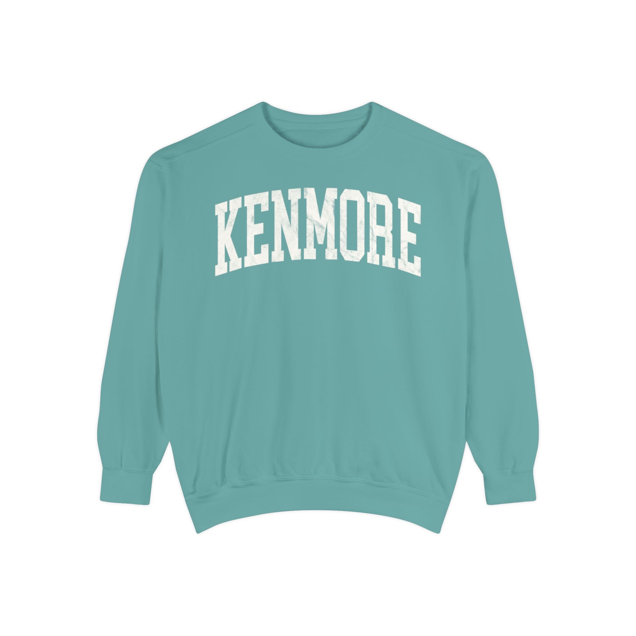 Kenmore Garment-Dyed Crewneck in Erie Blue, front — KENMORE lettering