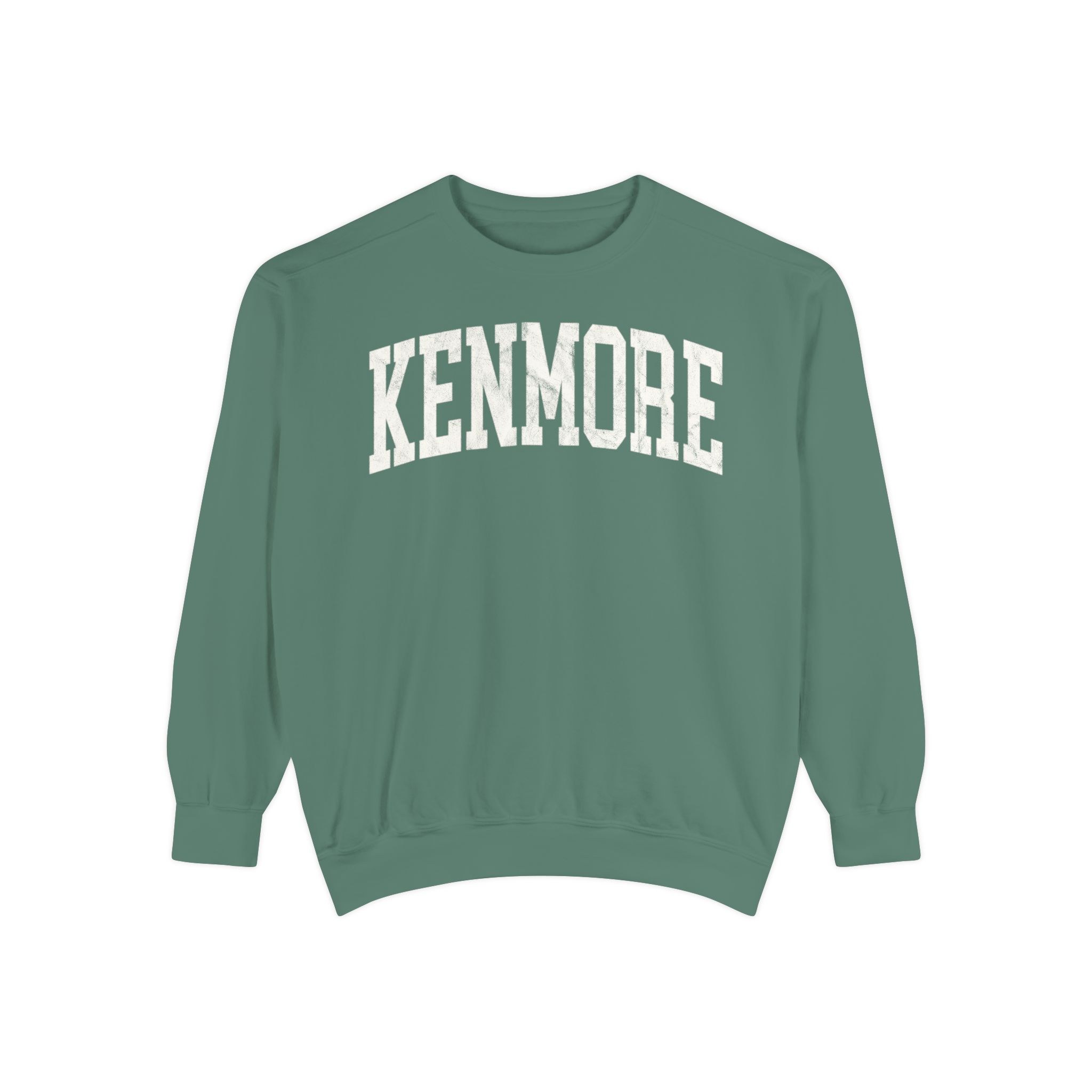 Kenmore Garment-Dyed Crewneck in Light Green, front — KENMORE lettering