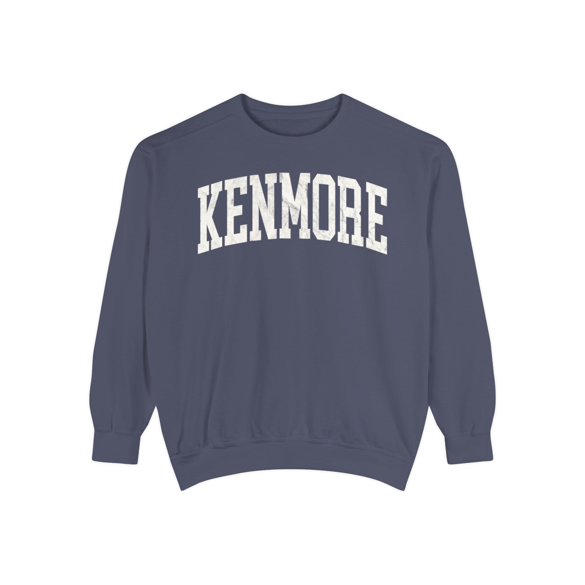 Kenmore Garment-Dyed Crewneck in Predawn, front — KENMORE lettering